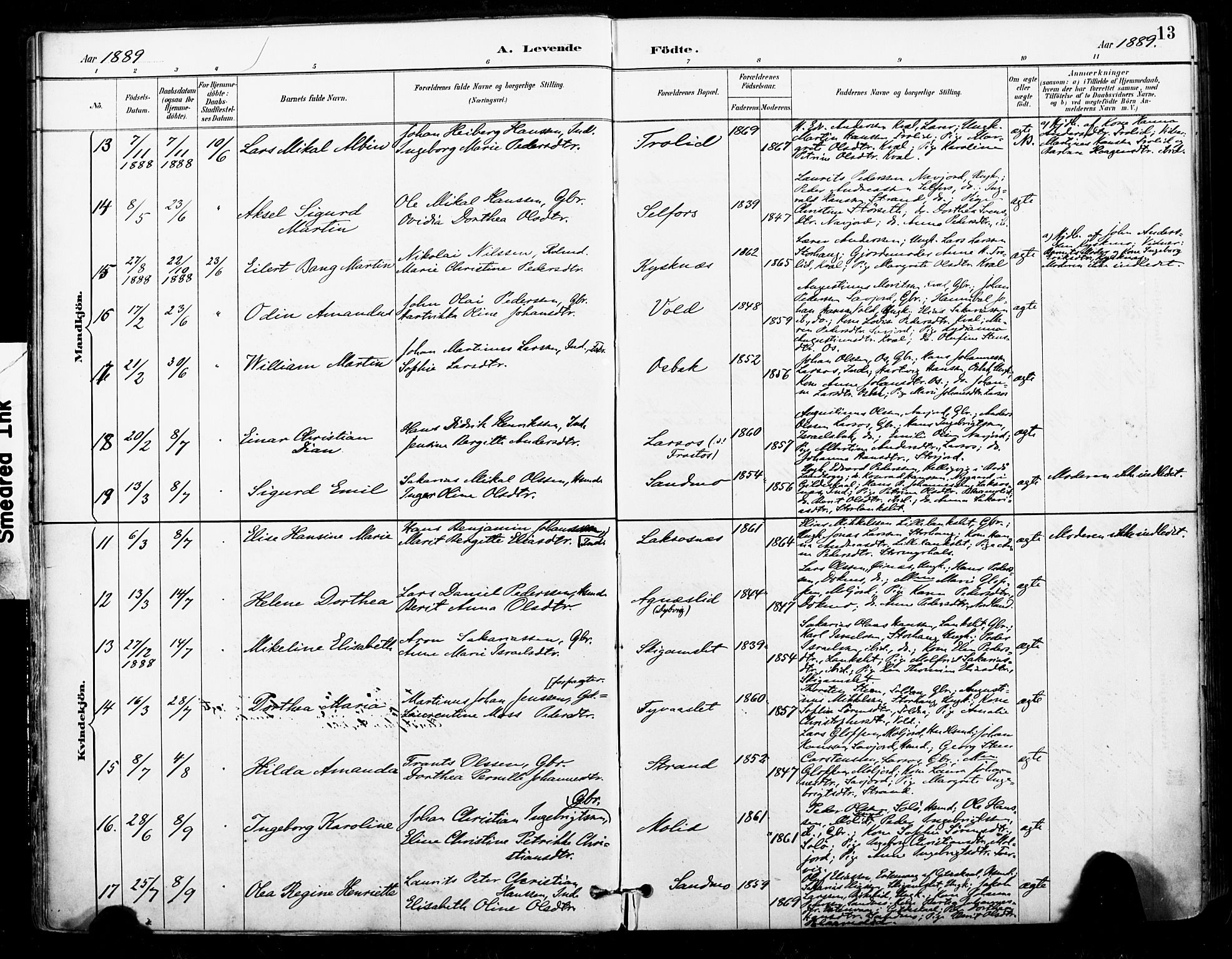 Ministerialprotokoller, klokkerbøker og fødselsregistre - Nordland, AV/SAT-A-1459/846/L0646: Parish register (official) no. 846A04, 1887-1901, p. 13
