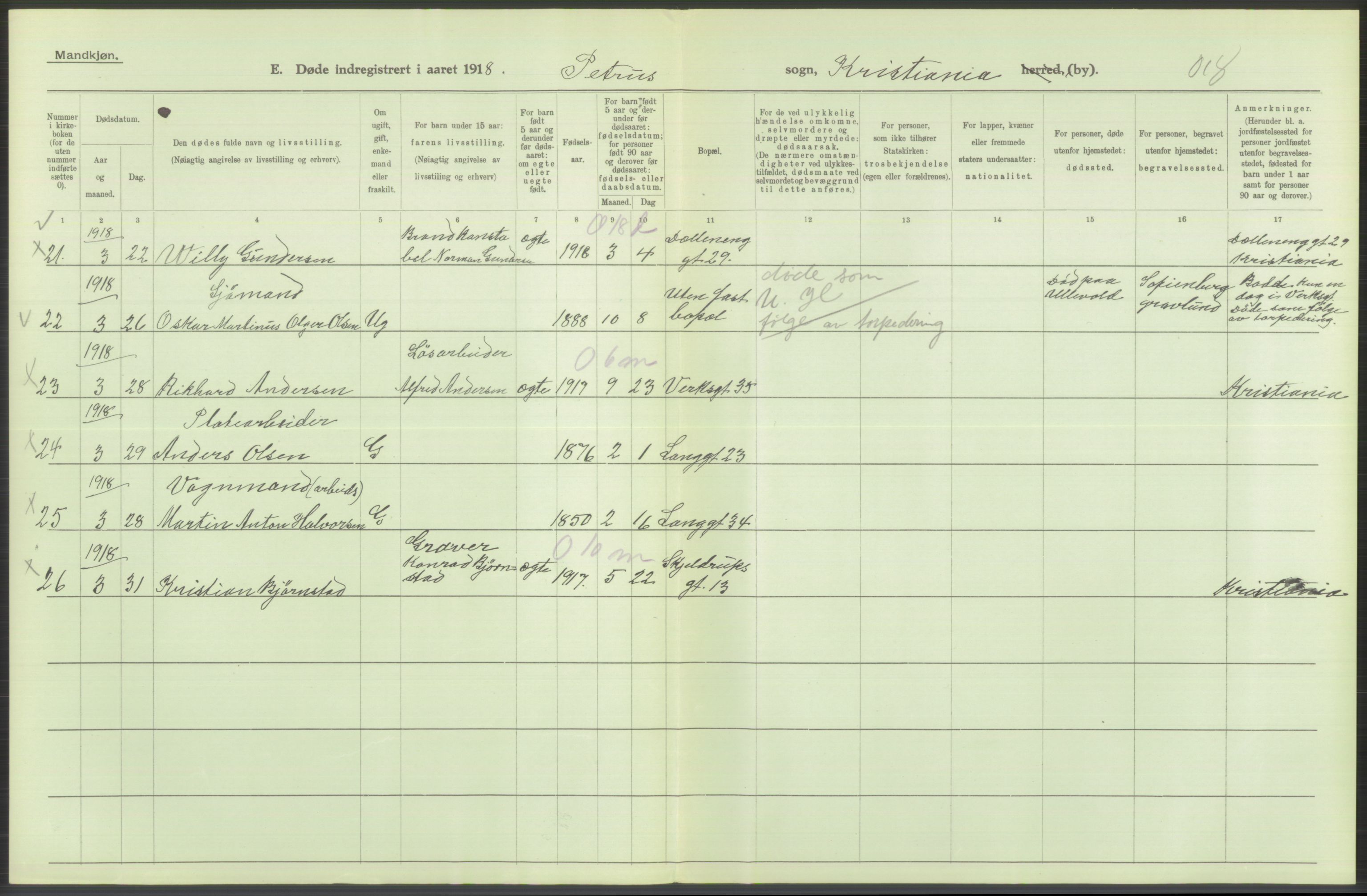 Statistisk sentralbyrå, Sosiodemografiske emner, Befolkning, AV/RA-S-2228/D/Df/Dfb/Dfbh/L0010: Kristiania: Døde, 1918, p. 562