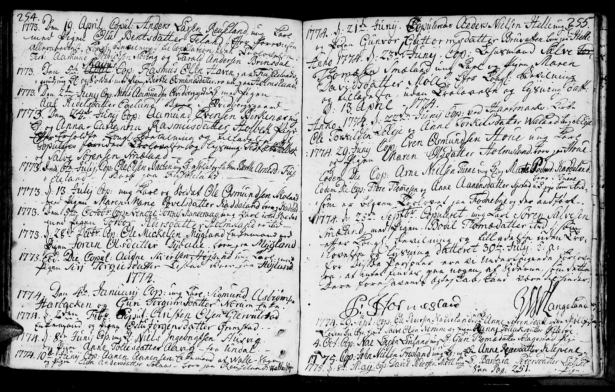 Holum sokneprestkontor, AV/SAK-1111-0022/F/Fa/Faa/L0002: Parish register (official) no. A 2, 1756-1780, p. 254-255