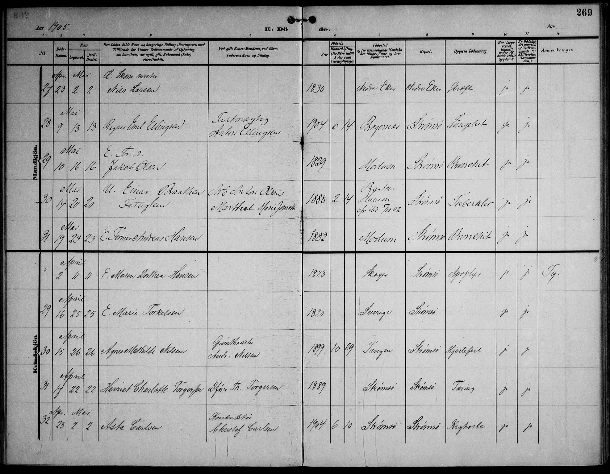 Strømsø kirkebøker, AV/SAKO-A-246/F/Fa/L0026: Parish register (official) no. I 26, 1905-1914, p. 269