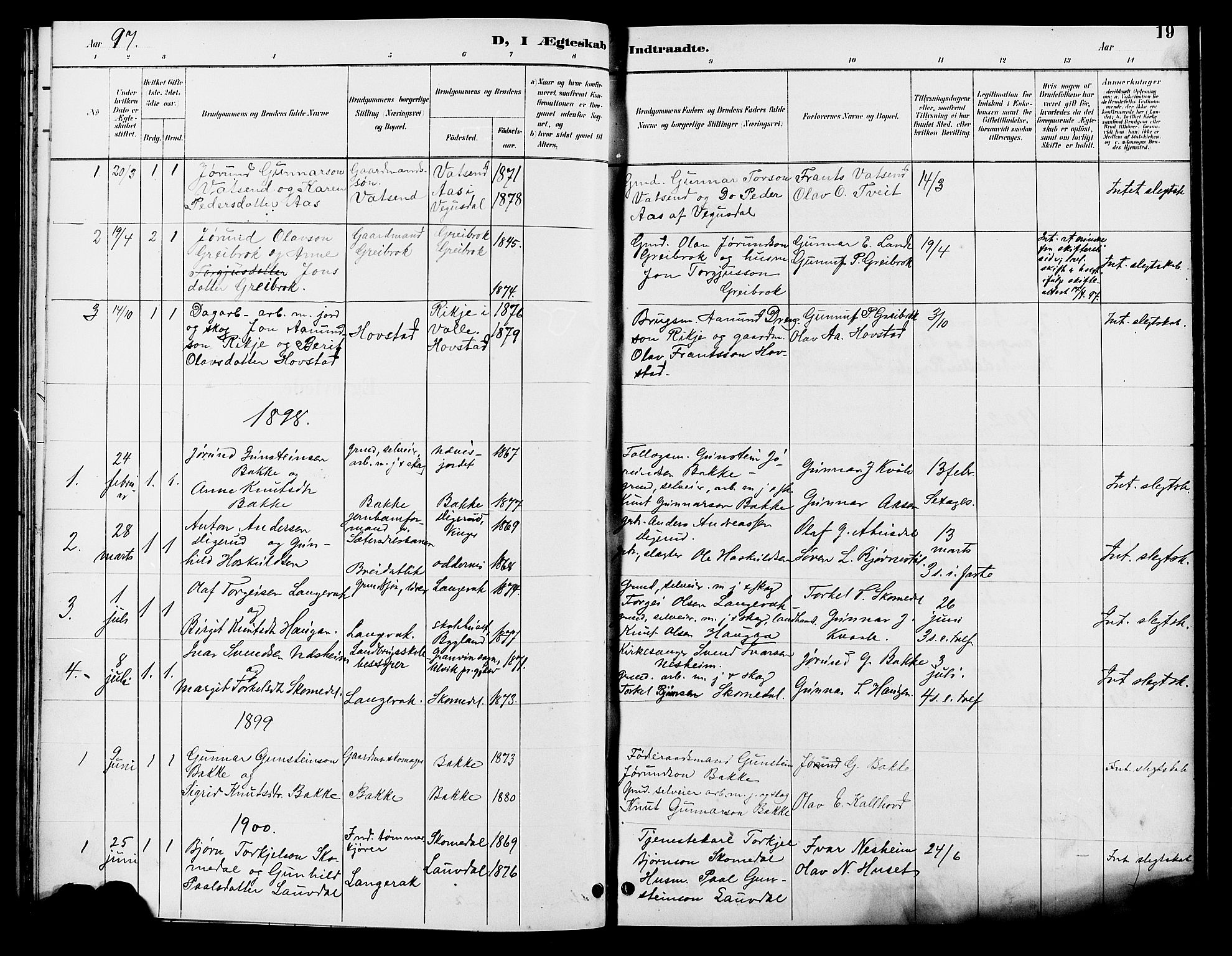 Bygland sokneprestkontor, SAK/1111-0006/F/Fb/Fbd/L0002: Parish register (copy) no. B 2, 1894-1909, p. 19