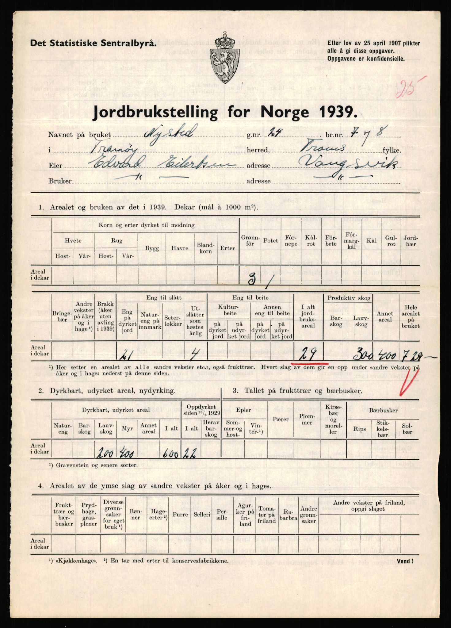 Statistisk sentralbyrå, Næringsøkonomiske emner, Jordbruk, skogbruk, jakt, fiske og fangst, AV/RA-S-2234/G/Gb/L0341: Troms: Sørreisa og Tranøy, 1939, p. 1120