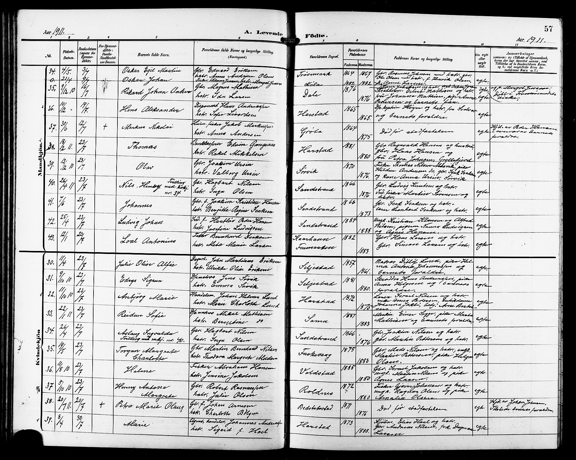 Trondenes sokneprestkontor, AV/SATØ-S-1319/H/Hb/L0012klokker: Parish register (copy) no. 12, 1907-1916, p. 57