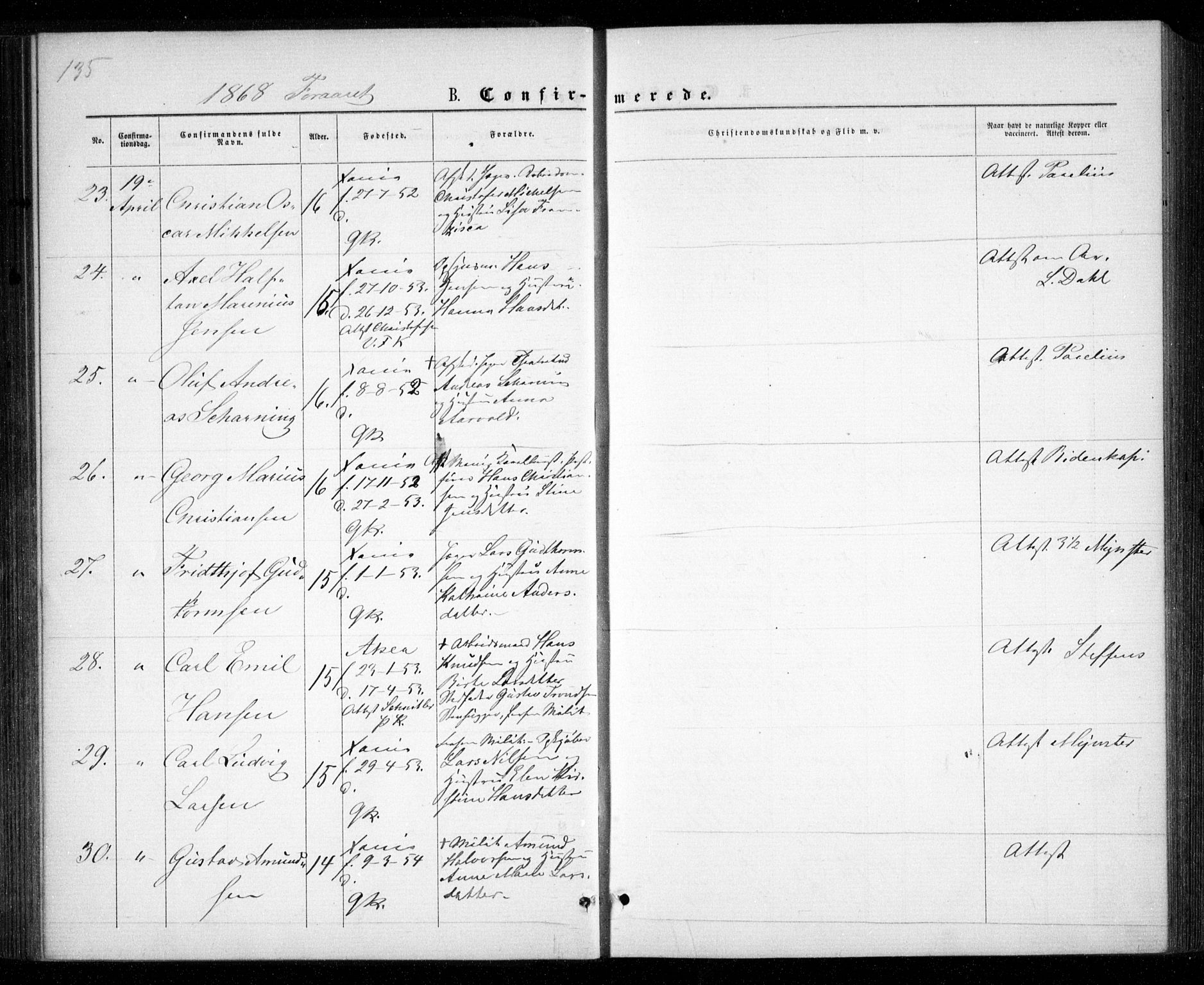 Garnisonsmenigheten Kirkebøker, SAO/A-10846/G/Ga/L0006: Parish register (copy) no. 6, 1860-1880, p. 135