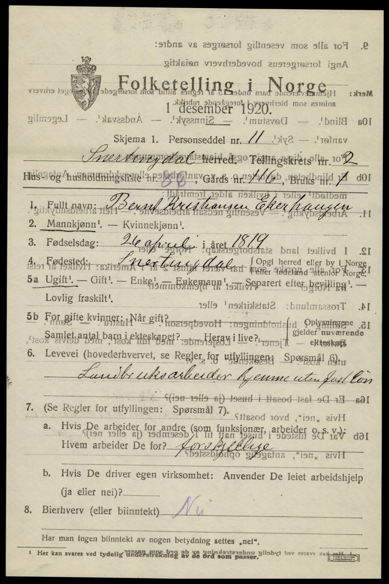 SAH, 1920 census for Snertingdal, 1920, p. 2515