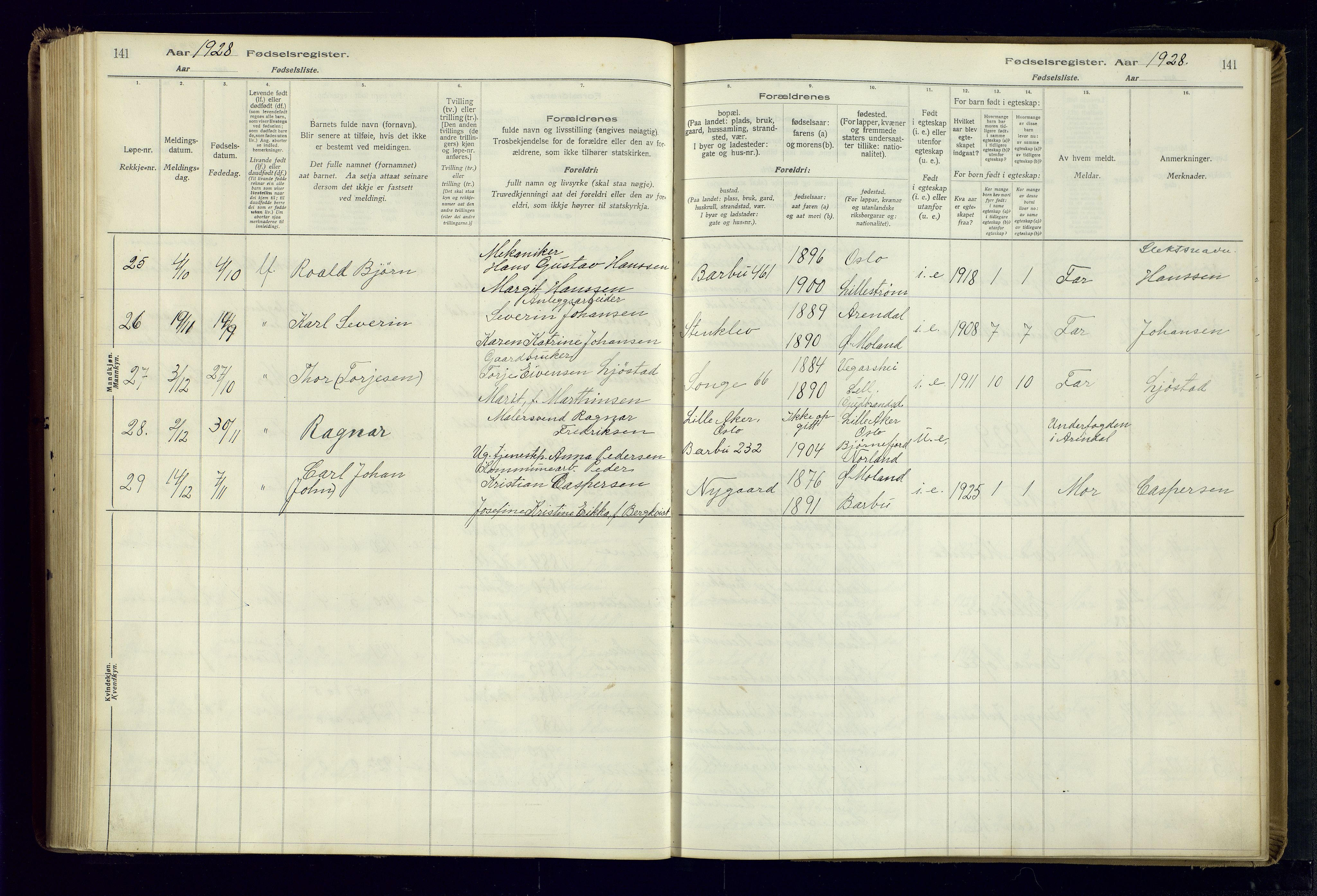 Barbu sokneprestkontor, SAK/1111-0003/J/Ja/L0001: Birth register no. A-VIII-1, 1916-1937, p. 141