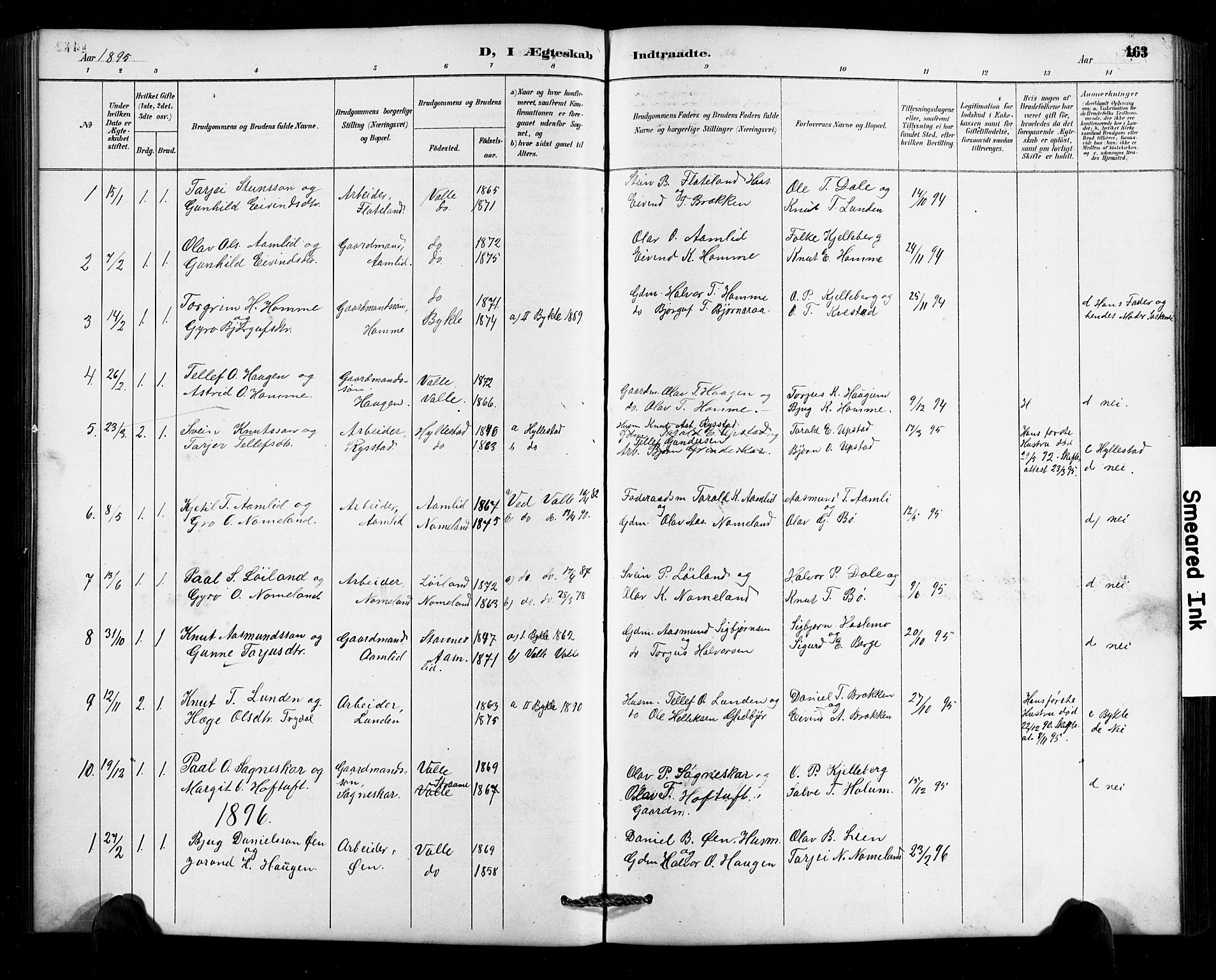 Valle sokneprestkontor, SAK/1111-0044/F/Fb/Fbc/L0004: Parish register (copy) no. B 4, 1890-1928, p. 163