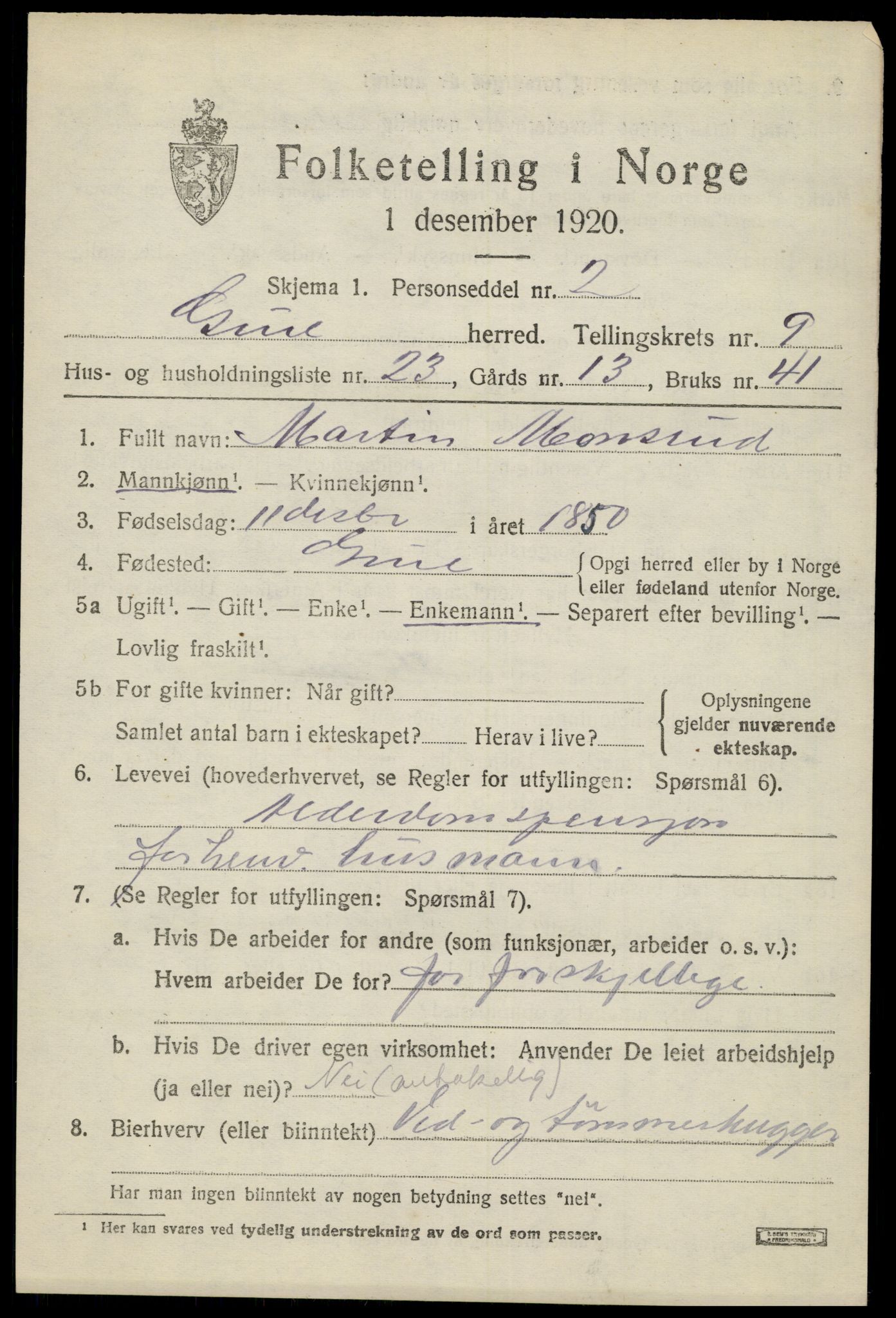 SAH, 1920 census for Grue, 1920, p. 8291