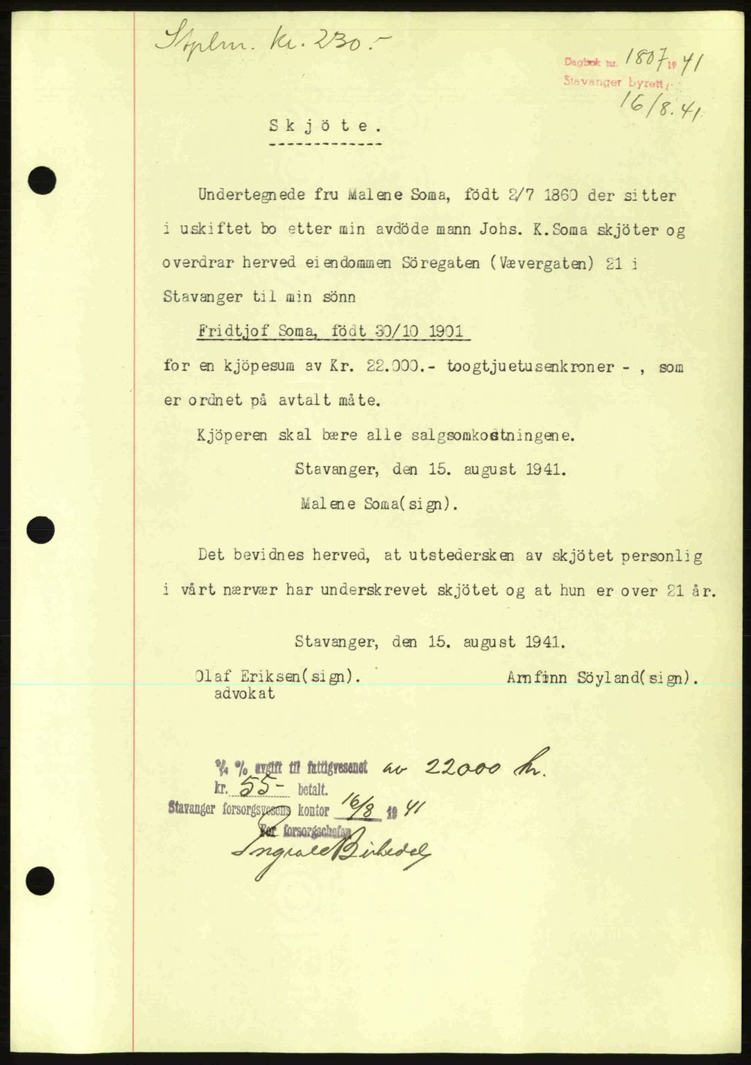 Stavanger byrett, AV/SAST-A-100455/002/G/Gb/L0016: Mortgage book no. A6, 1940-1941, Diary no: : 1807/1941