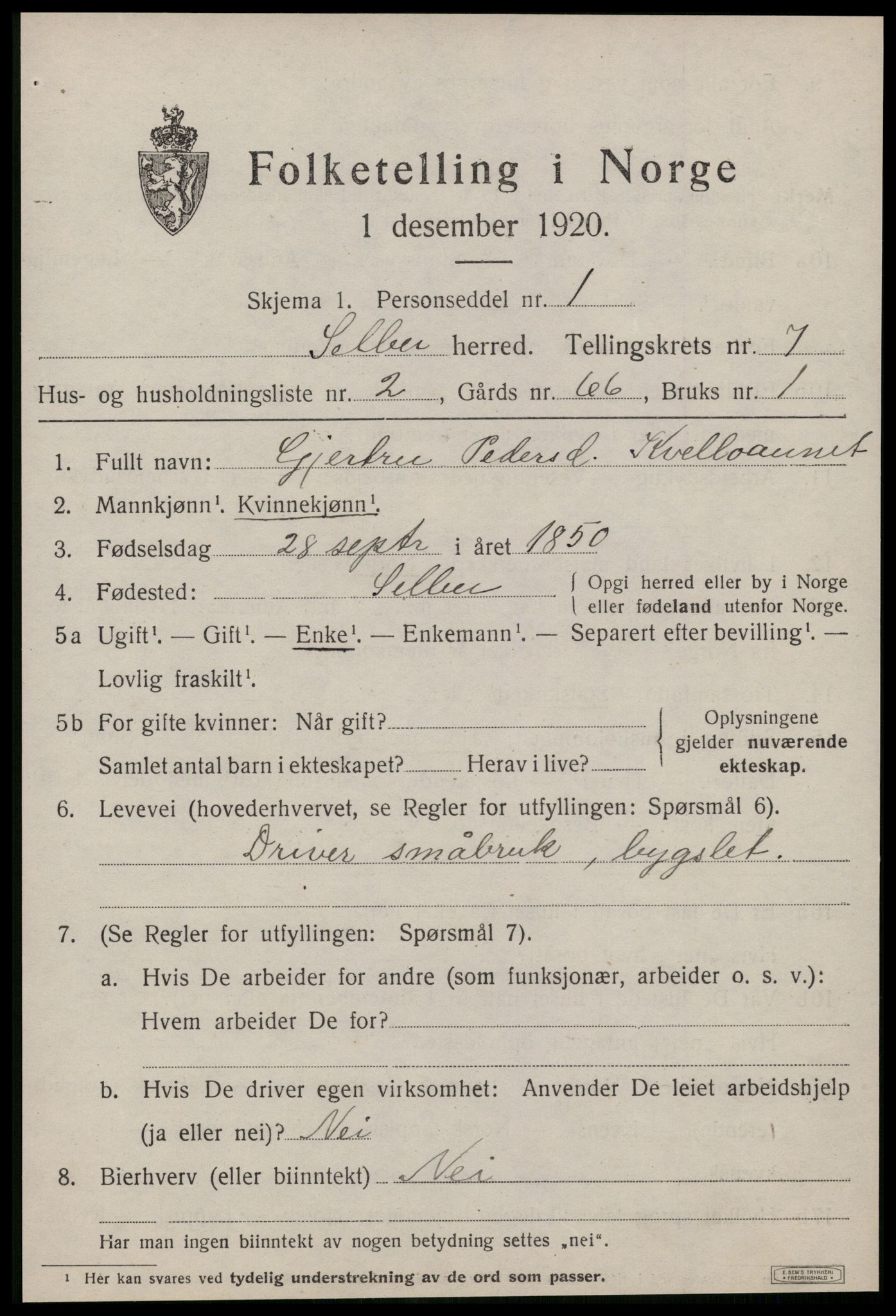 SAT, 1920 census for Selbu, 1920, p. 3890