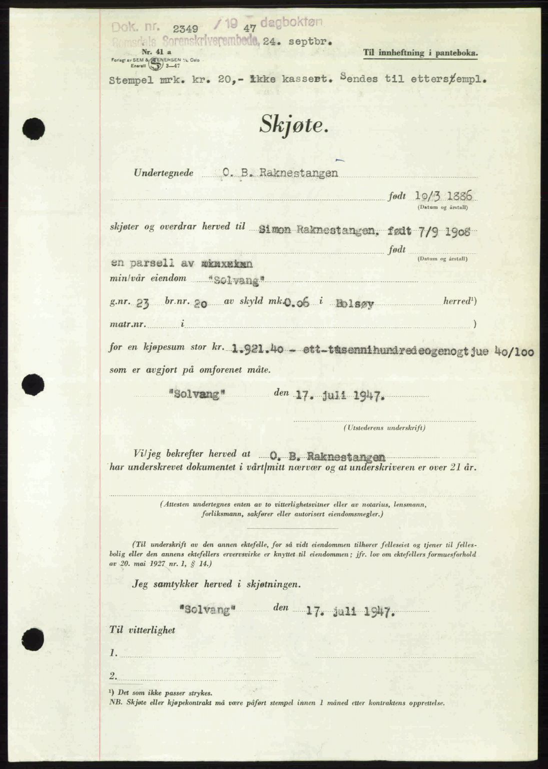 Romsdal sorenskriveri, AV/SAT-A-4149/1/2/2C: Mortgage book no. A24, 1947-1947, Diary no: : 2349/1947