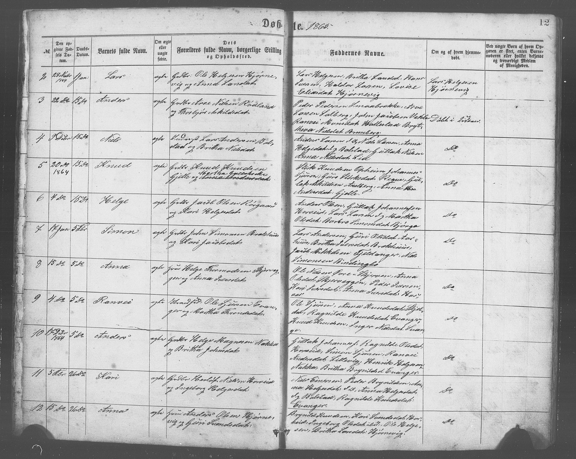 Evanger sokneprestembete, SAB/A-99924: Parish register (copy) no. A 2, 1863-1879, p. 12