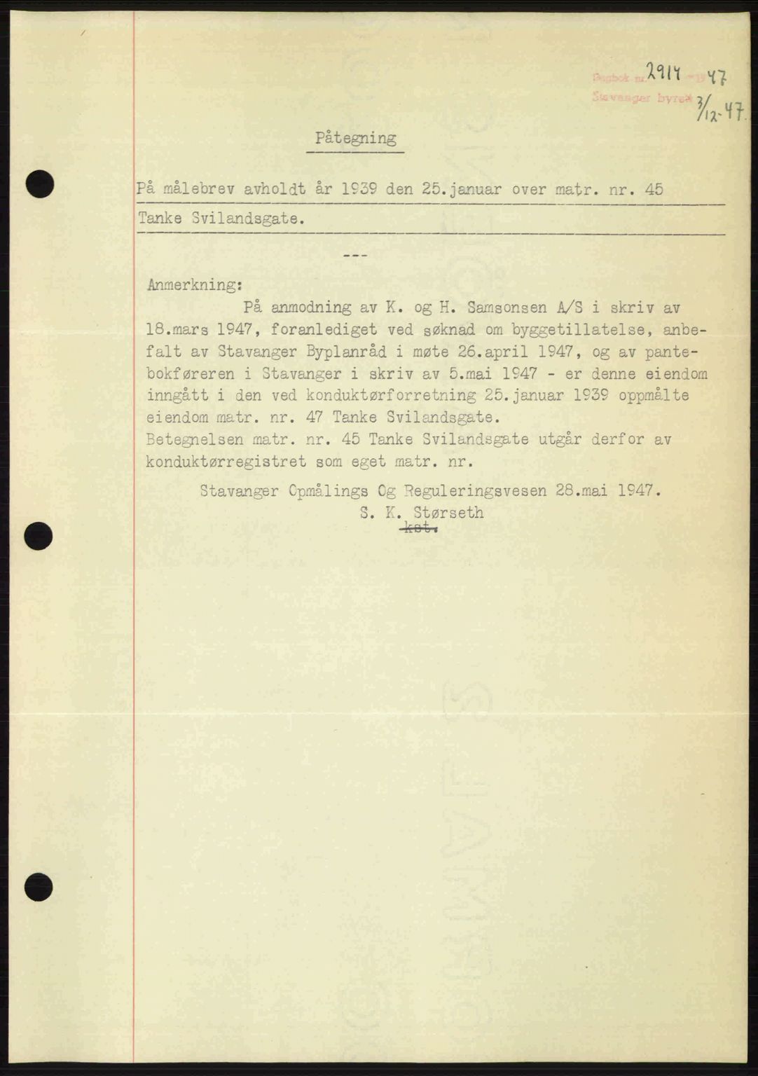 Stavanger byrett, SAST/A-100455/002/G/Gb/L0022: Mortgage book no. A11, 1947-1948, Diary no: : 2914/1947