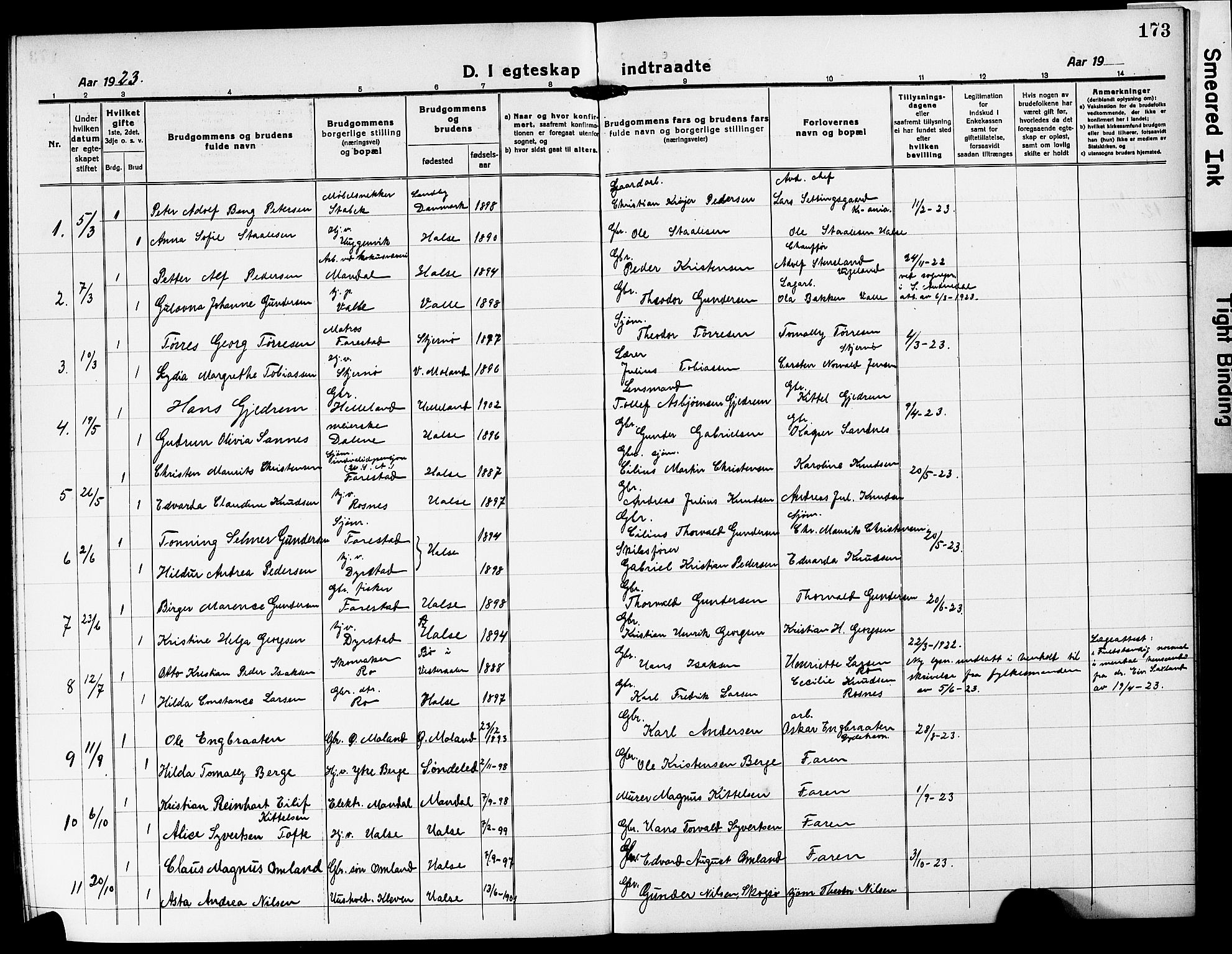 Mandal sokneprestkontor, SAK/1111-0030/F/Fb/Fba/L0013: Parish register (copy) no. B 7, 1918-1931, p. 173
