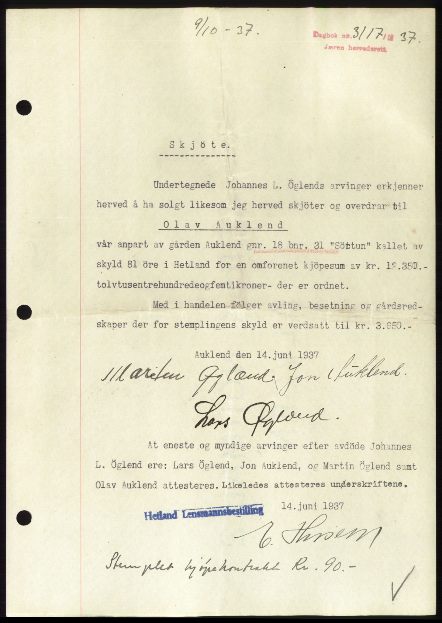 Jæren sorenskriveri, SAST/A-100310/03/G/Gba/L0069: Mortgage book, 1937-1937, Diary no: : 3117/1937