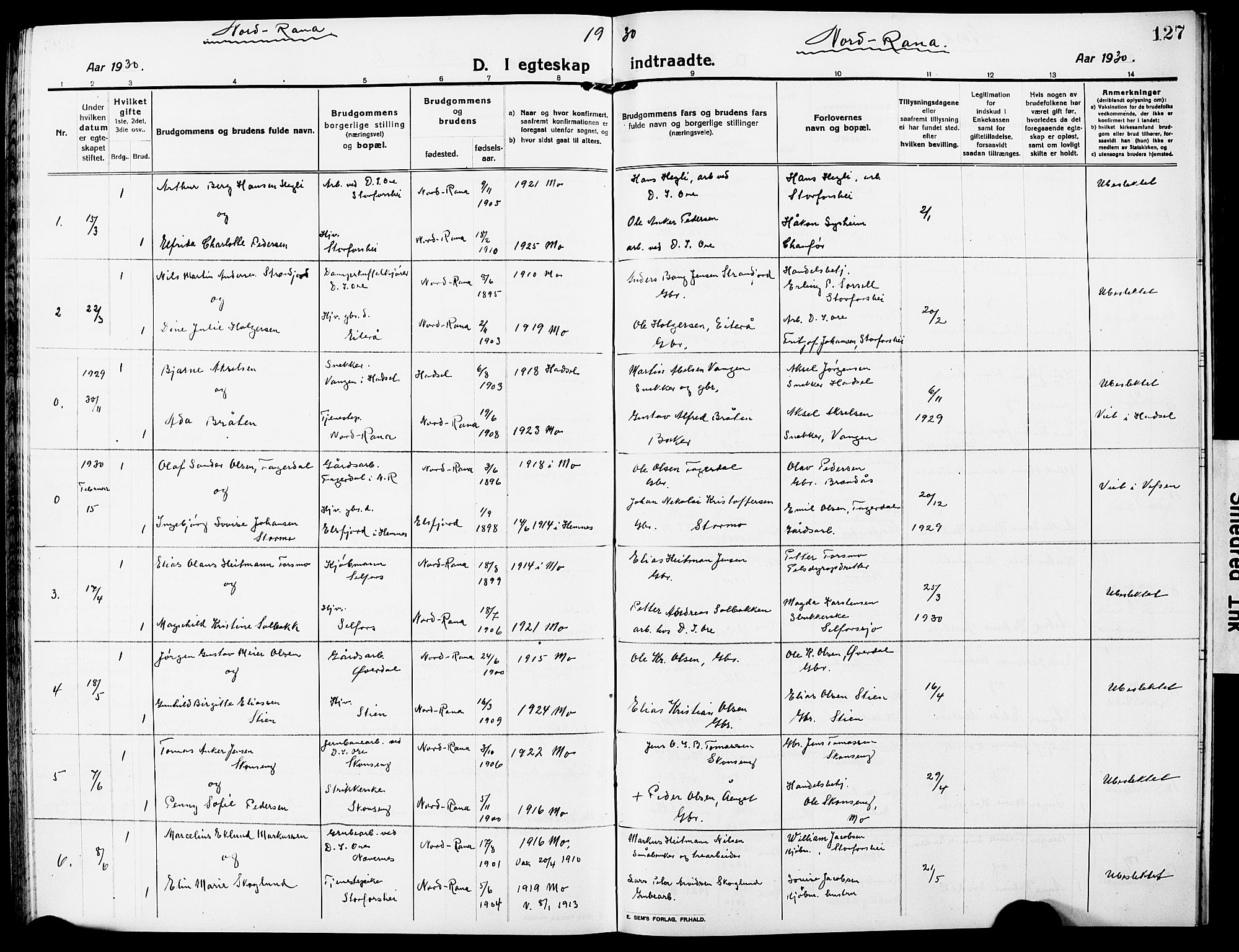 Ministerialprotokoller, klokkerbøker og fødselsregistre - Nordland, AV/SAT-A-1459/827/L0424: Parish register (copy) no. 827C13, 1921-1930, p. 127