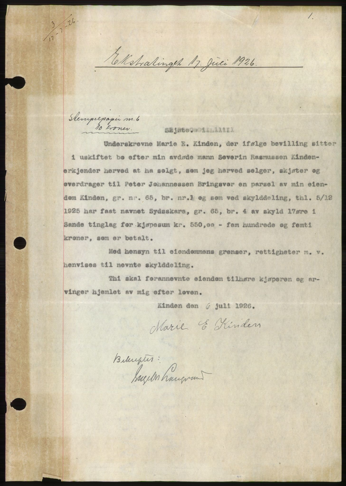 Søre Sunnmøre sorenskriveri, AV/SAT-A-4122/1/2/2C/L0045: Mortgage book no. 39, 1926-1927, Deed date: 17.07.1926