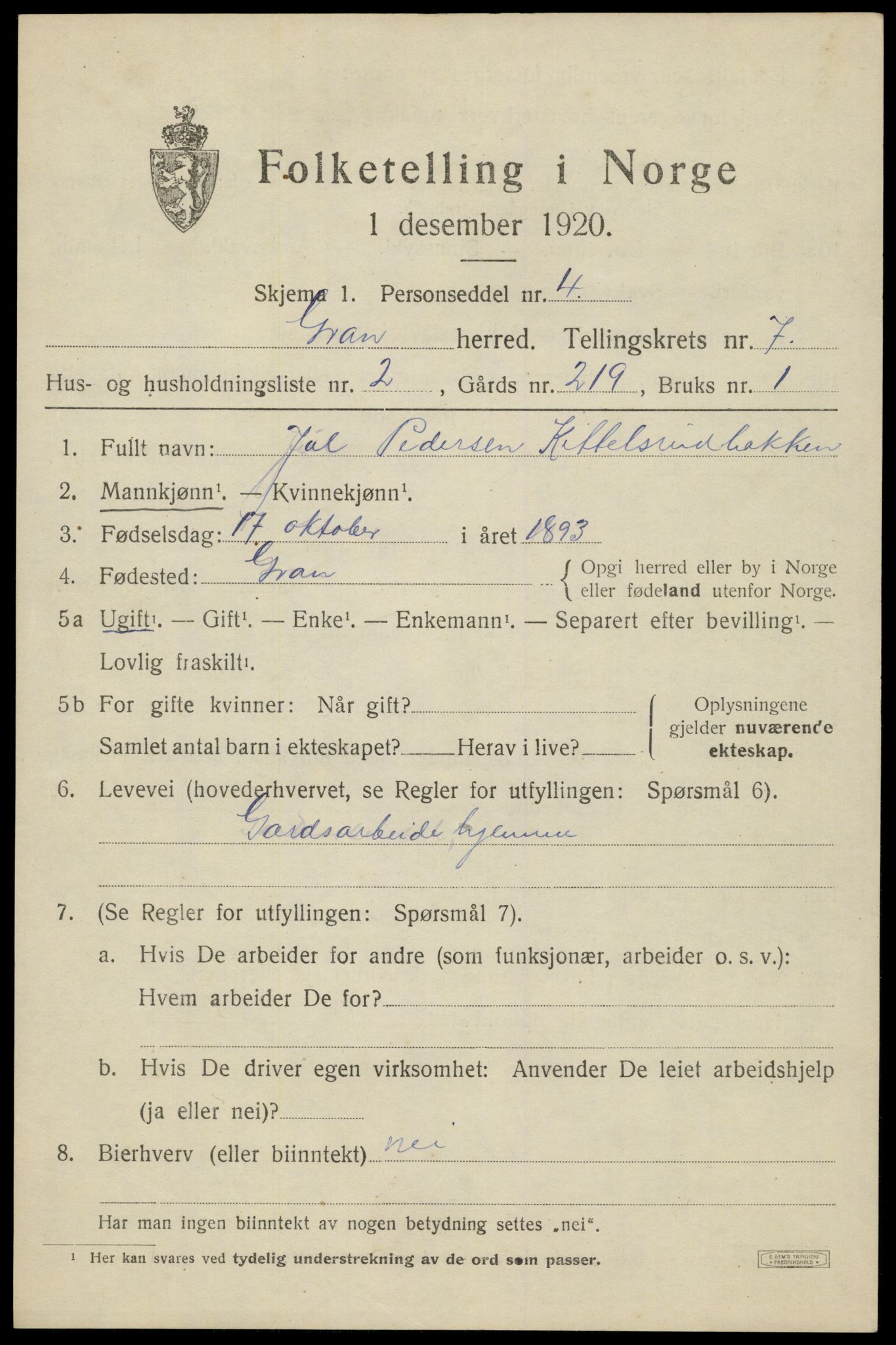 SAH, 1920 census for Gran, 1920, p. 9471