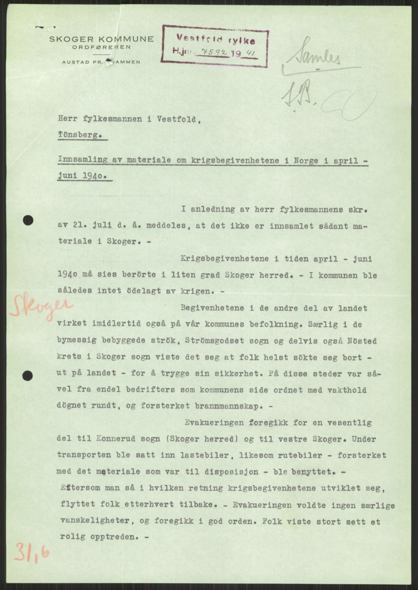 Forsvaret, Forsvarets krigshistoriske avdeling, AV/RA-RAFA-2017/Y/Ya/L0014: II-C-11-31 - Fylkesmenn.  Rapporter om krigsbegivenhetene 1940., 1940, p. 579