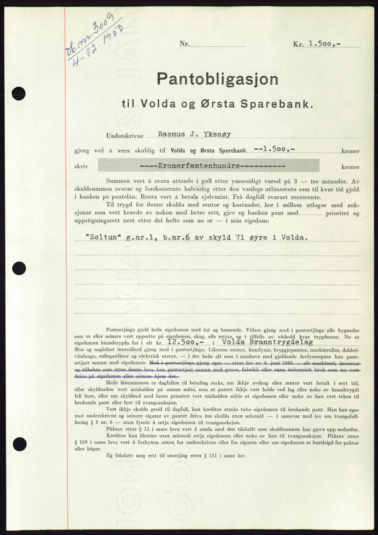 Søre Sunnmøre sorenskriveri, AV/SAT-A-4122/1/2/2C/L0124: Mortgage book no. 12B, 1953-1954, Diary no: : 3009/1953