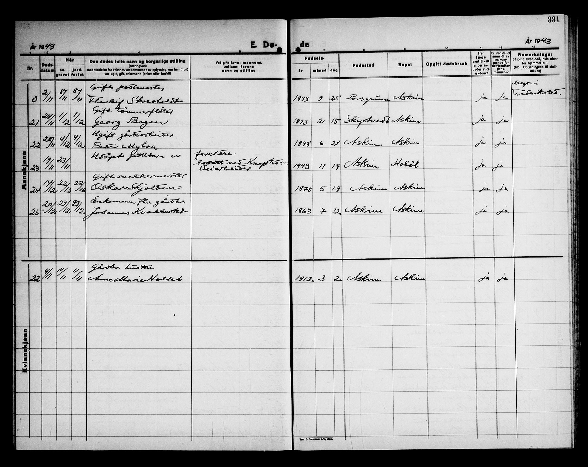 Askim prestekontor Kirkebøker, AV/SAO-A-10900/G/Ga/L0004: Parish register (copy) no. 4, 1938-1947, p. 331