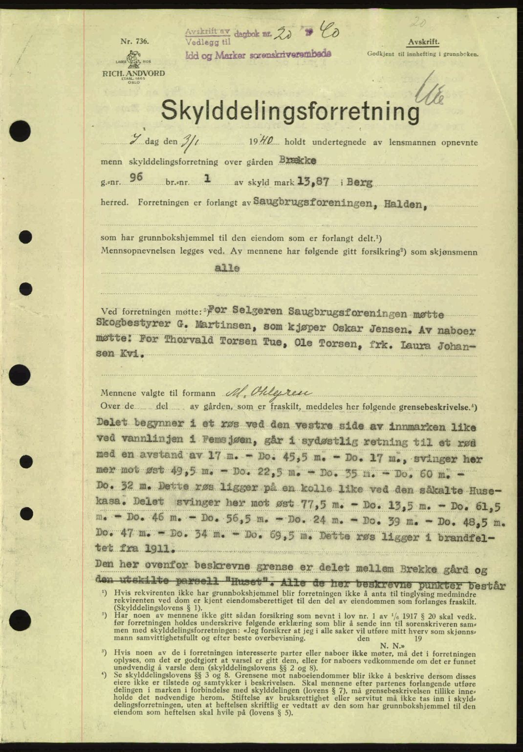 Idd og Marker sorenskriveri, AV/SAO-A-10283/G/Gb/Gbb/L0004: Mortgage book no. A4, 1940-1941, Diary no: : 20/1940