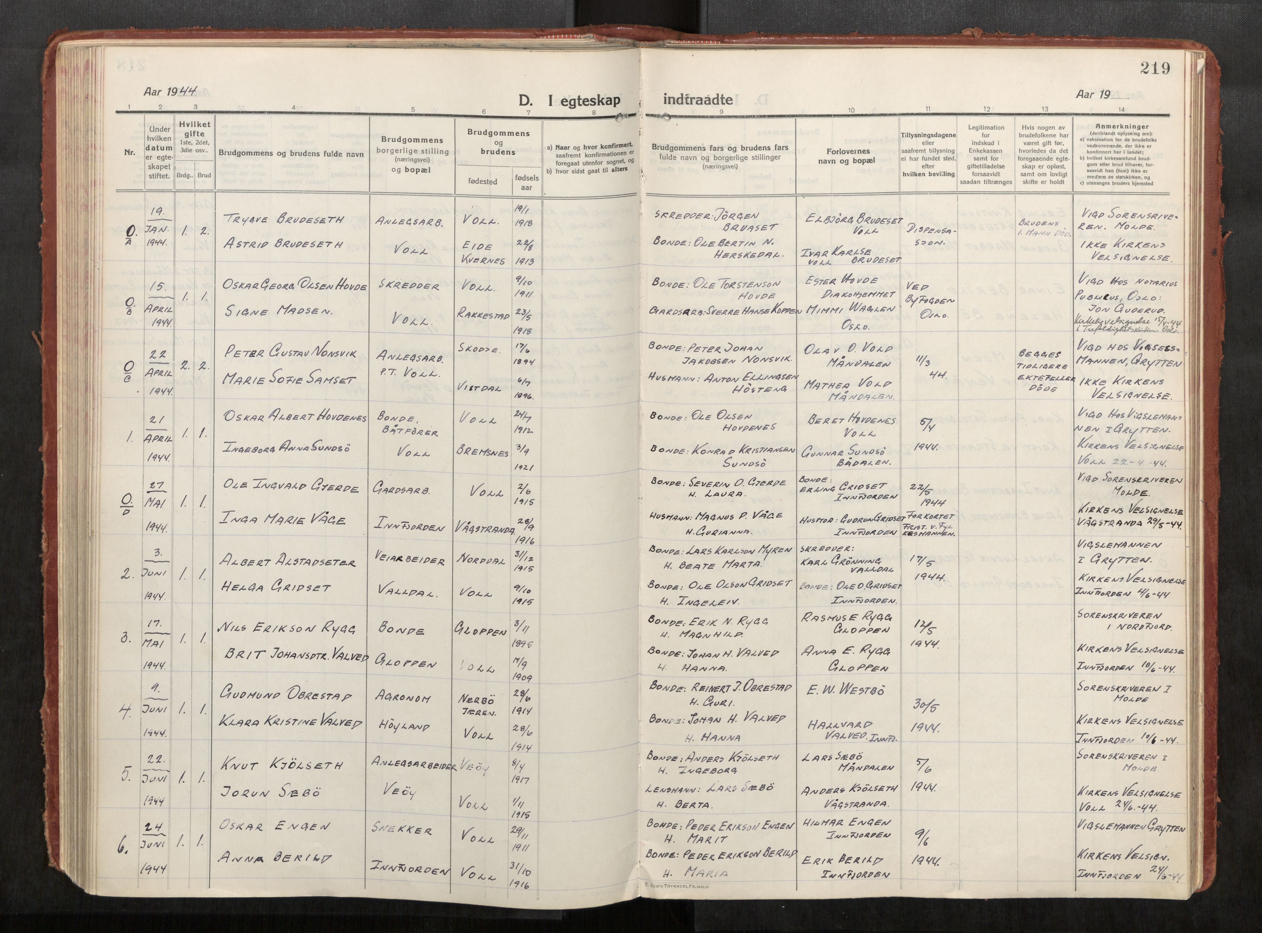 Eid sokneprestkontor, AV/SAT-A-1254: Parish register (official) no. 543A04, 1916-1956, p. 219