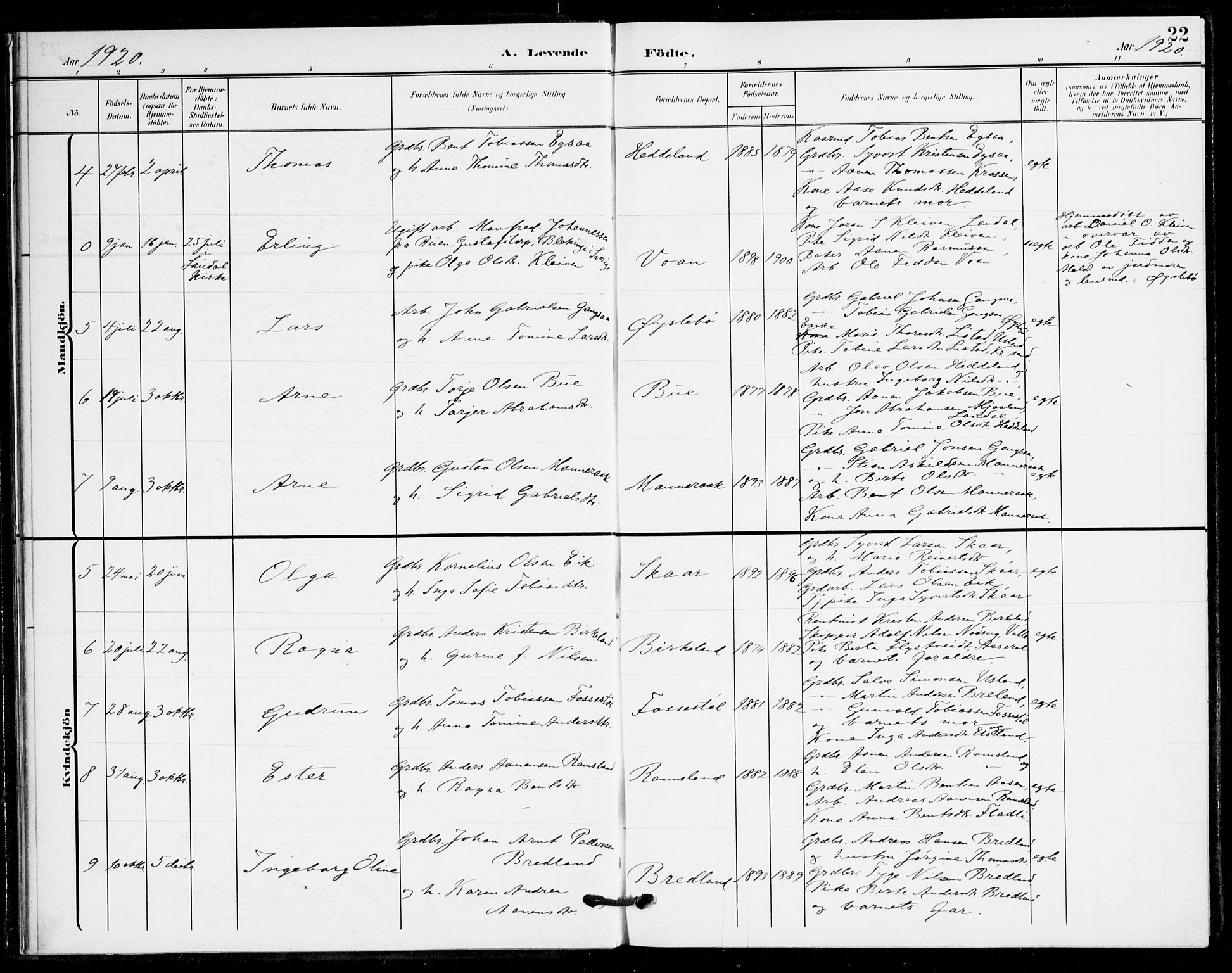 Holum sokneprestkontor, AV/SAK-1111-0022/F/Fa/Fac/L0005: Parish register (official) no. A 5, 1908-1930, p. 22