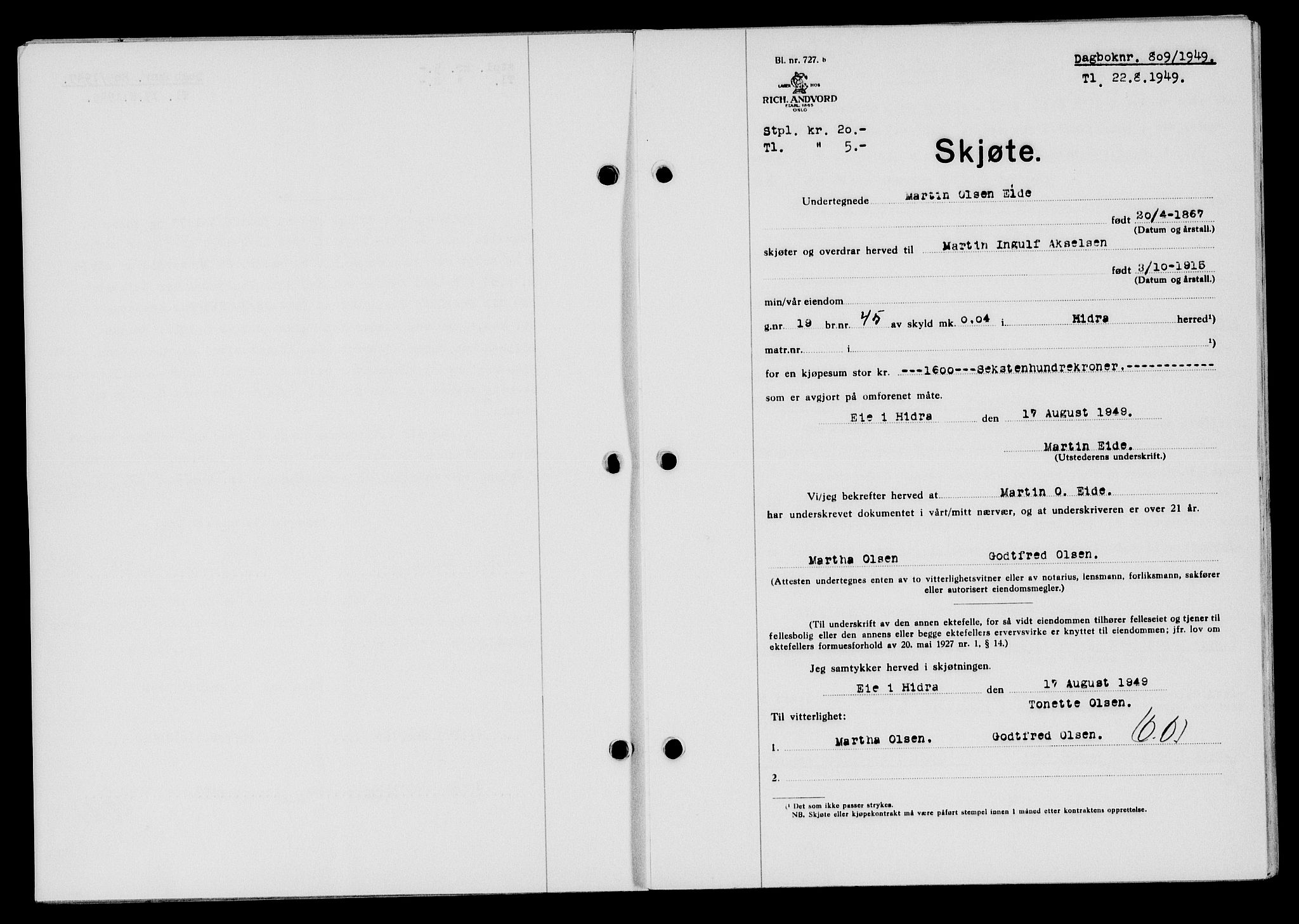 Flekkefjord sorenskriveri, SAK/1221-0001/G/Gb/Gba/L0065: Mortgage book no. A-13, 1949-1949, Diary no: : 809/1949