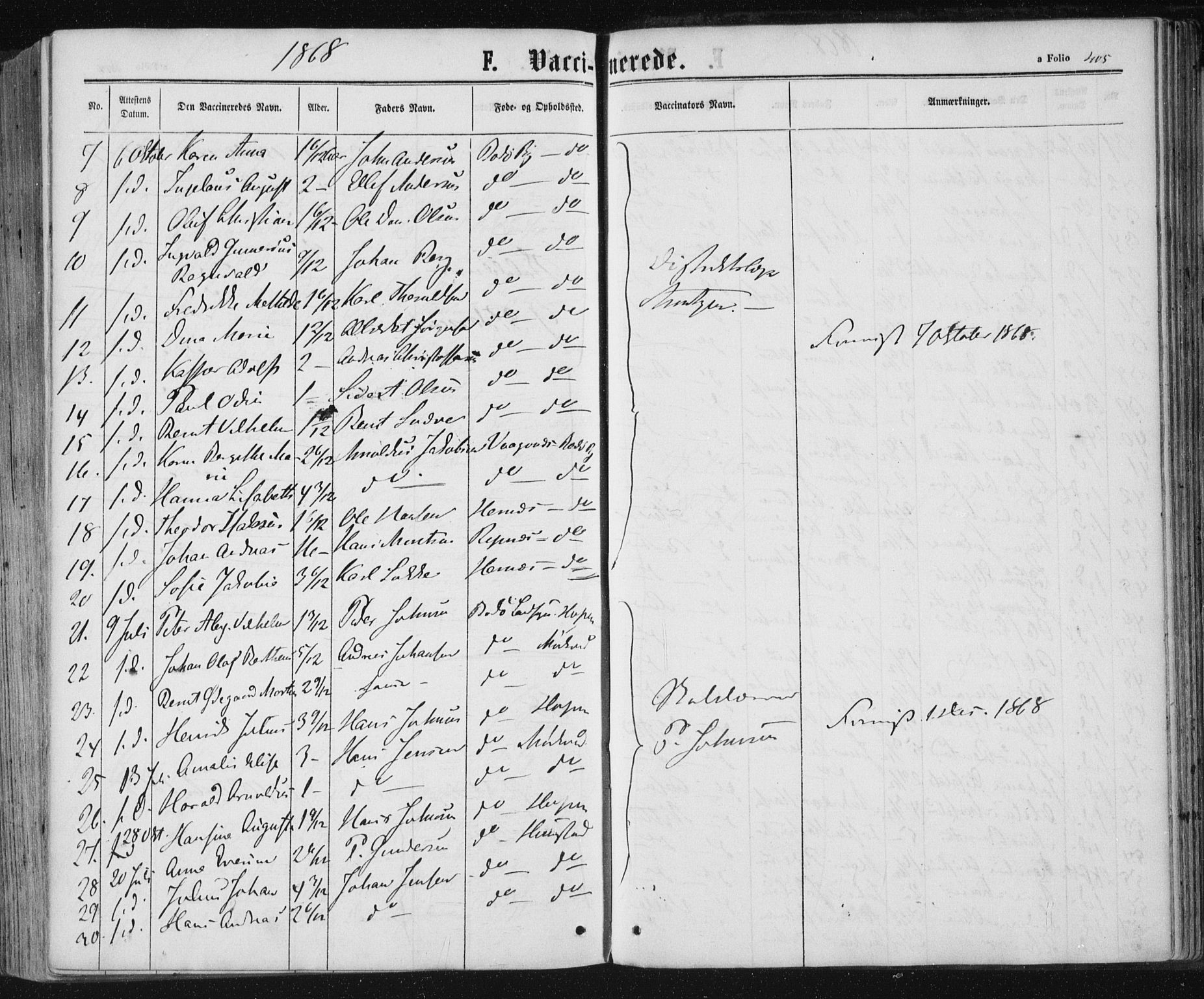 Ministerialprotokoller, klokkerbøker og fødselsregistre - Nordland, SAT/A-1459/801/L0008: Parish register (official) no. 801A08, 1864-1875, p. 405