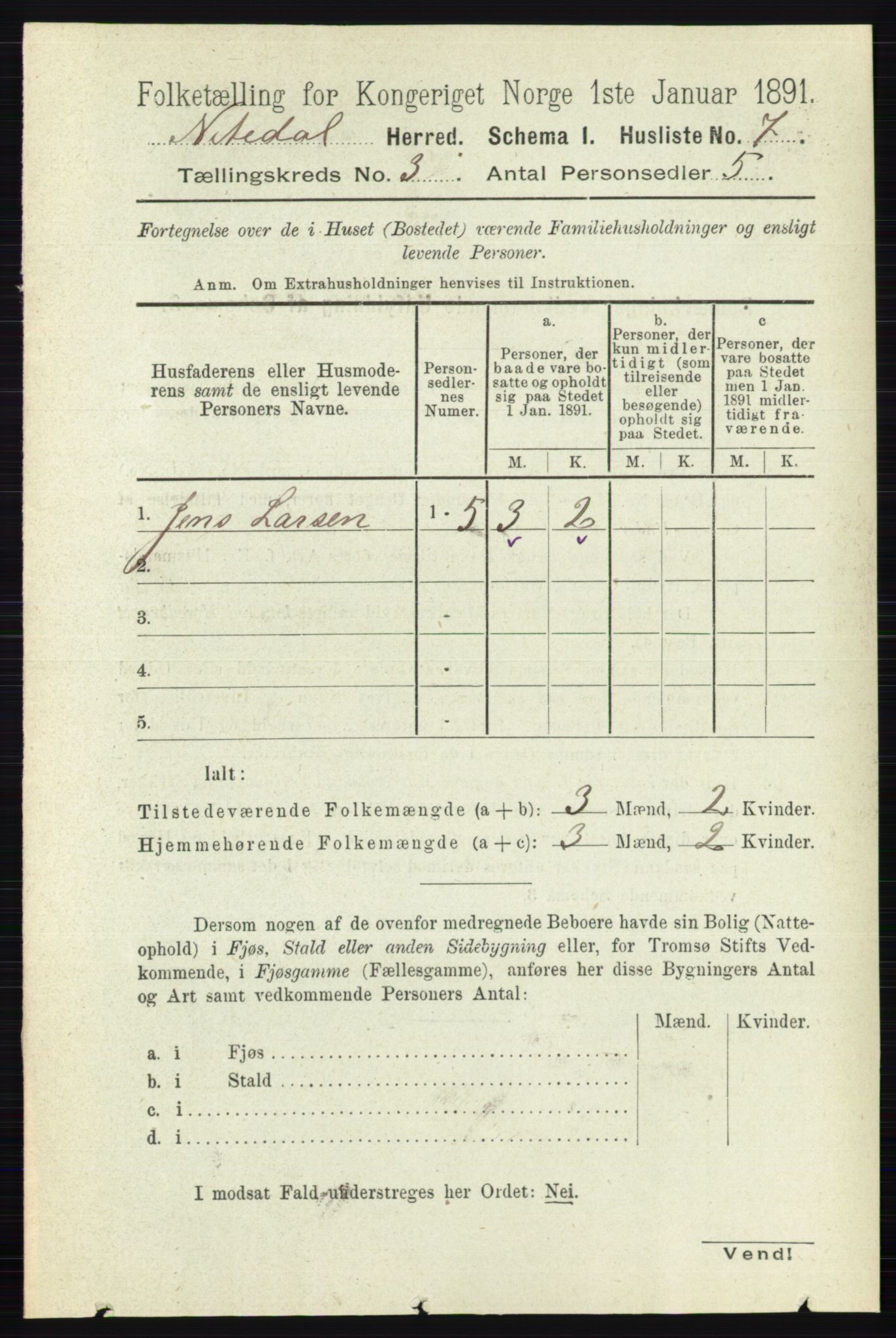 RA, 1891 census for 0233 Nittedal, 1891, p. 1132