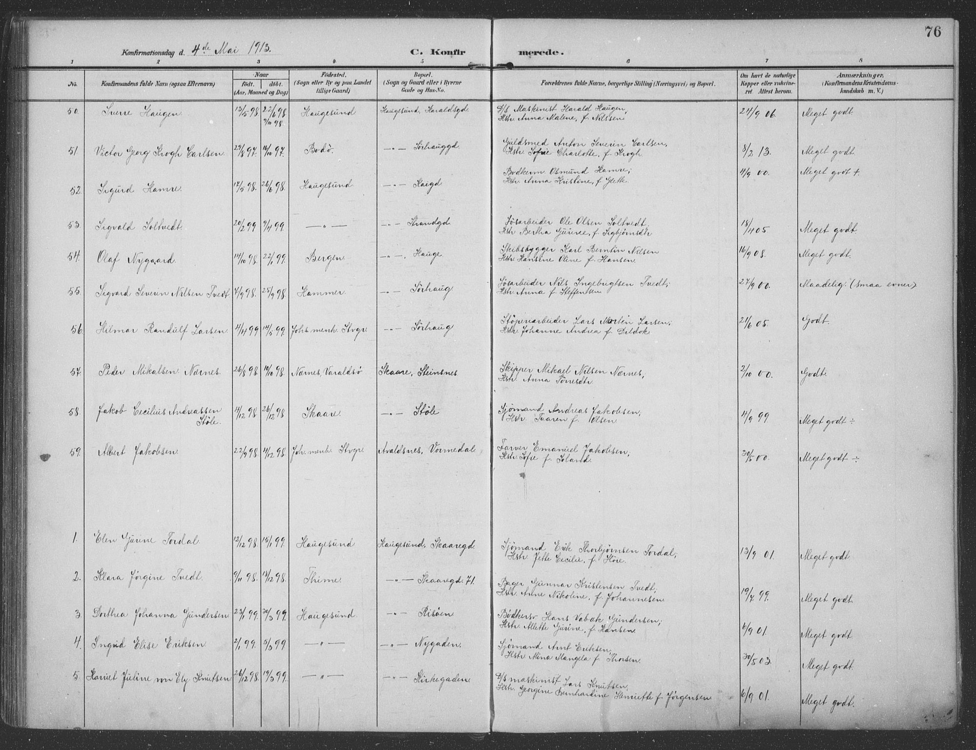 Haugesund sokneprestkontor, AV/SAST-A -101863/H/Ha/Haa/L0007: Parish register (official) no. A 7, 1904-1916, p. 76