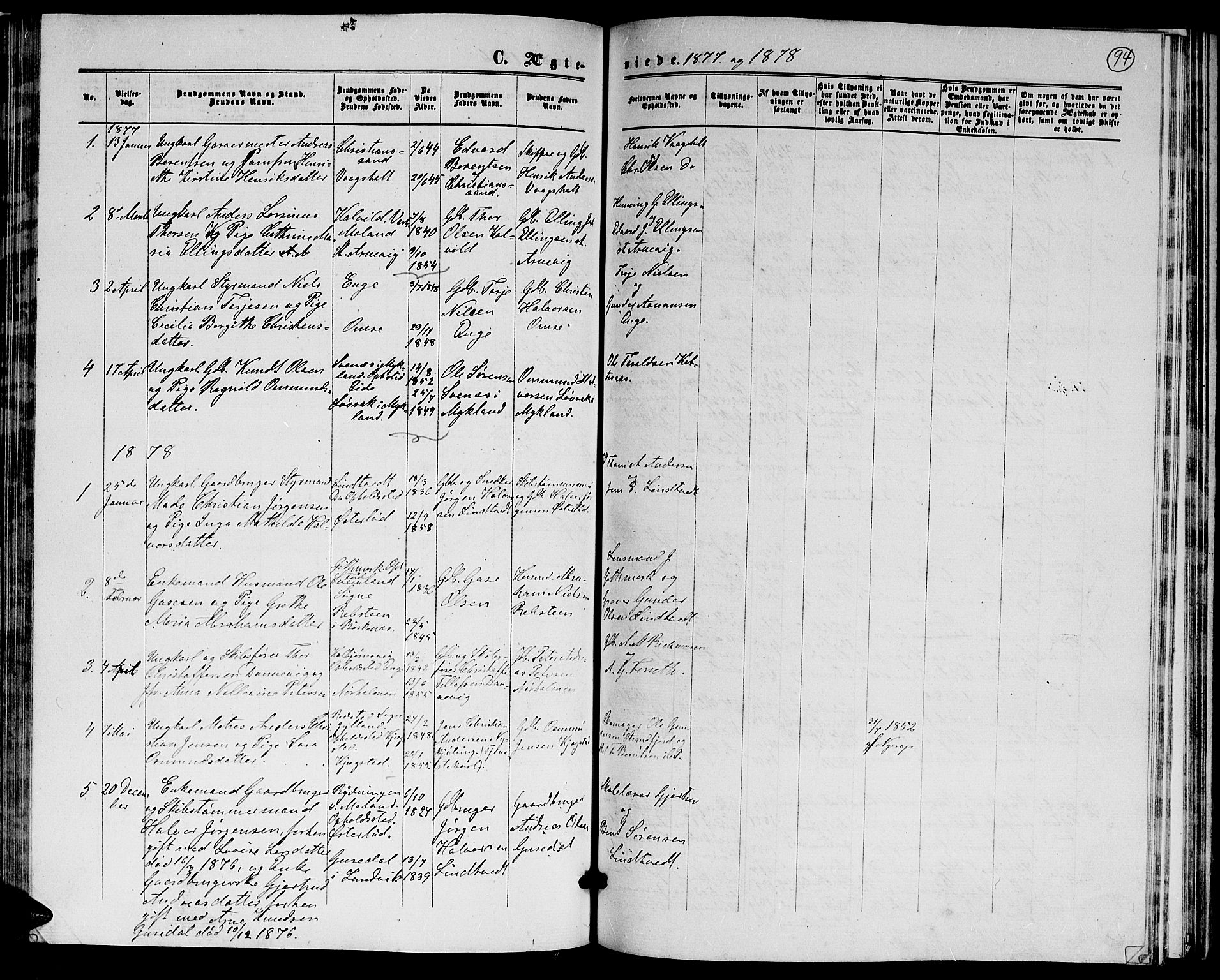 Hommedal sokneprestkontor, AV/SAK-1111-0023/F/Fb/Fba/L0003: Parish register (copy) no. B 3, 1863-1884, p. 94