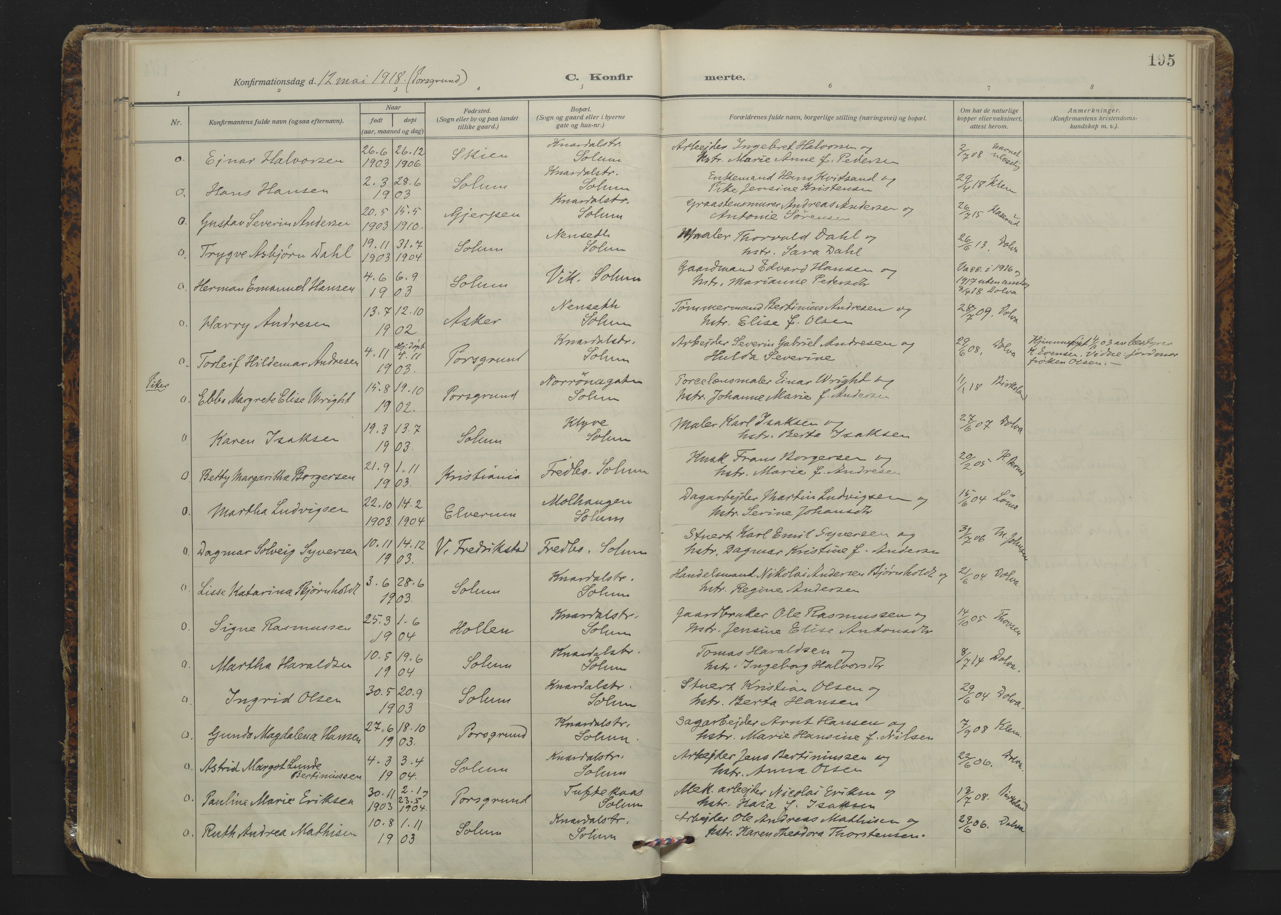 Solum kirkebøker, AV/SAKO-A-306/F/Fa/L0012: Parish register (official) no. I 12, 1909-1922, p. 195