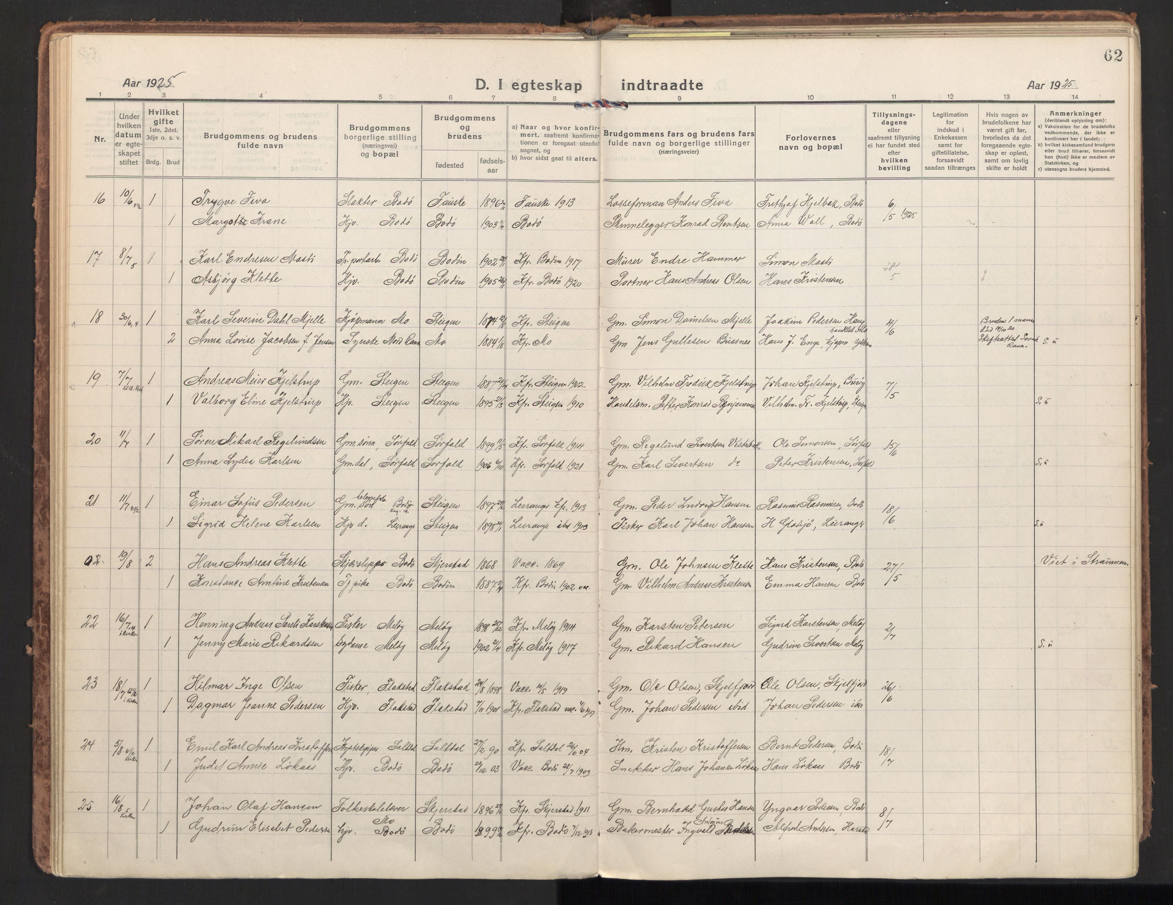 Ministerialprotokoller, klokkerbøker og fødselsregistre - Nordland, AV/SAT-A-1459/801/L0018: Parish register (official) no. 801A18, 1916-1930, p. 62