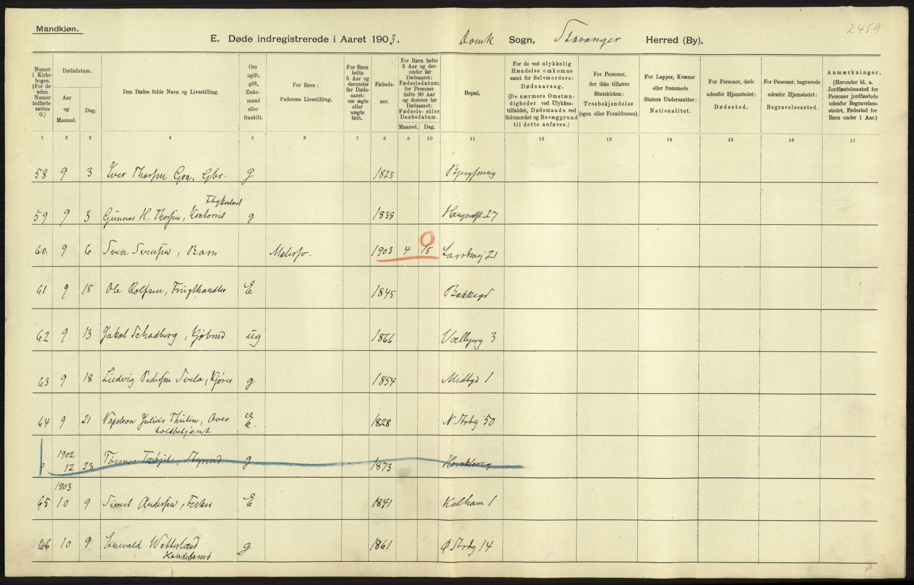 Statistisk sentralbyrå, Sosiodemografiske emner, Befolkning, AV/RA-S-2228/D/Df/Dfa/Dfaa/L0012: Stavanger amt: Fødte, gifte, døde, 1903, p. 845