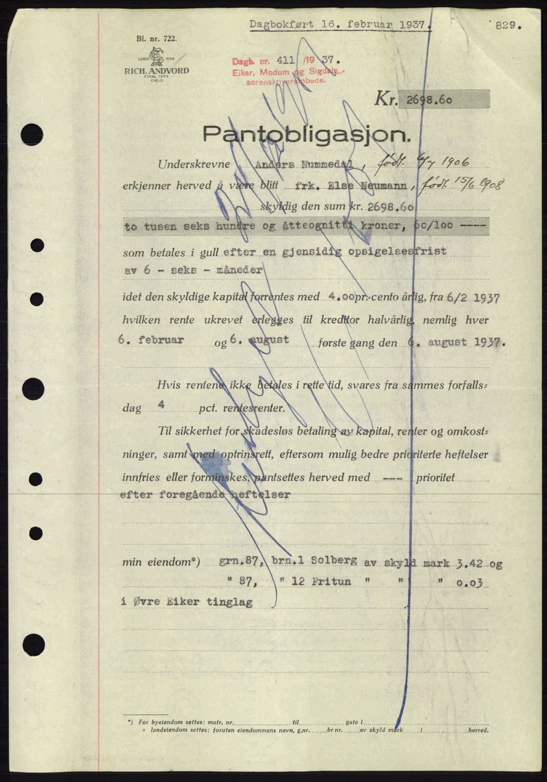 Eiker, Modum og Sigdal sorenskriveri, SAKO/A-123/G/Ga/Gab/L0034: Mortgage book no. A4, 1936-1937, Diary no: : 411/1937