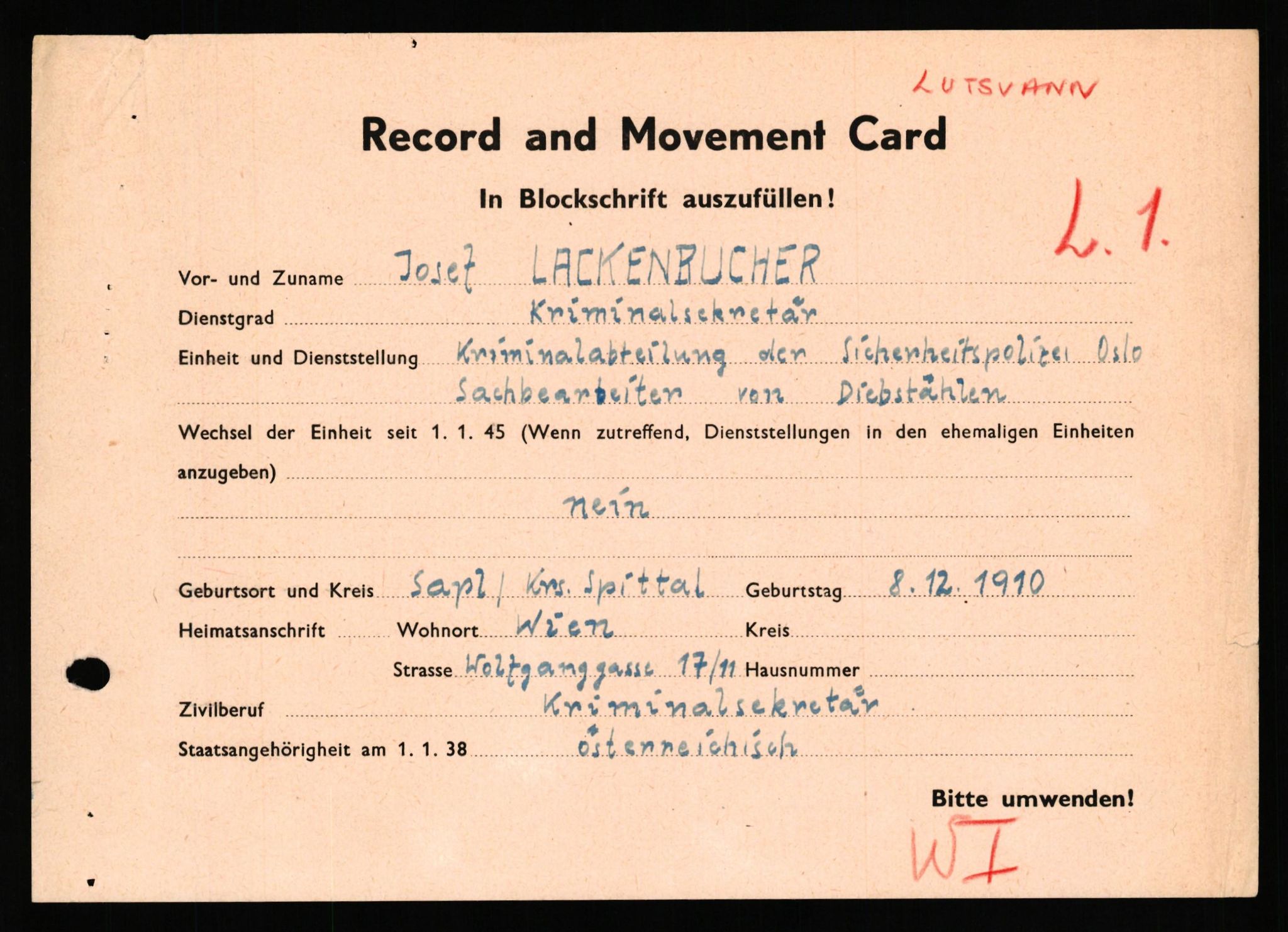Forsvaret, Forsvarets overkommando II, AV/RA-RAFA-3915/D/Db/L0039: CI Questionaires. Tyske okkupasjonsstyrker i Norge. Østerrikere., 1945-1946, p. 235