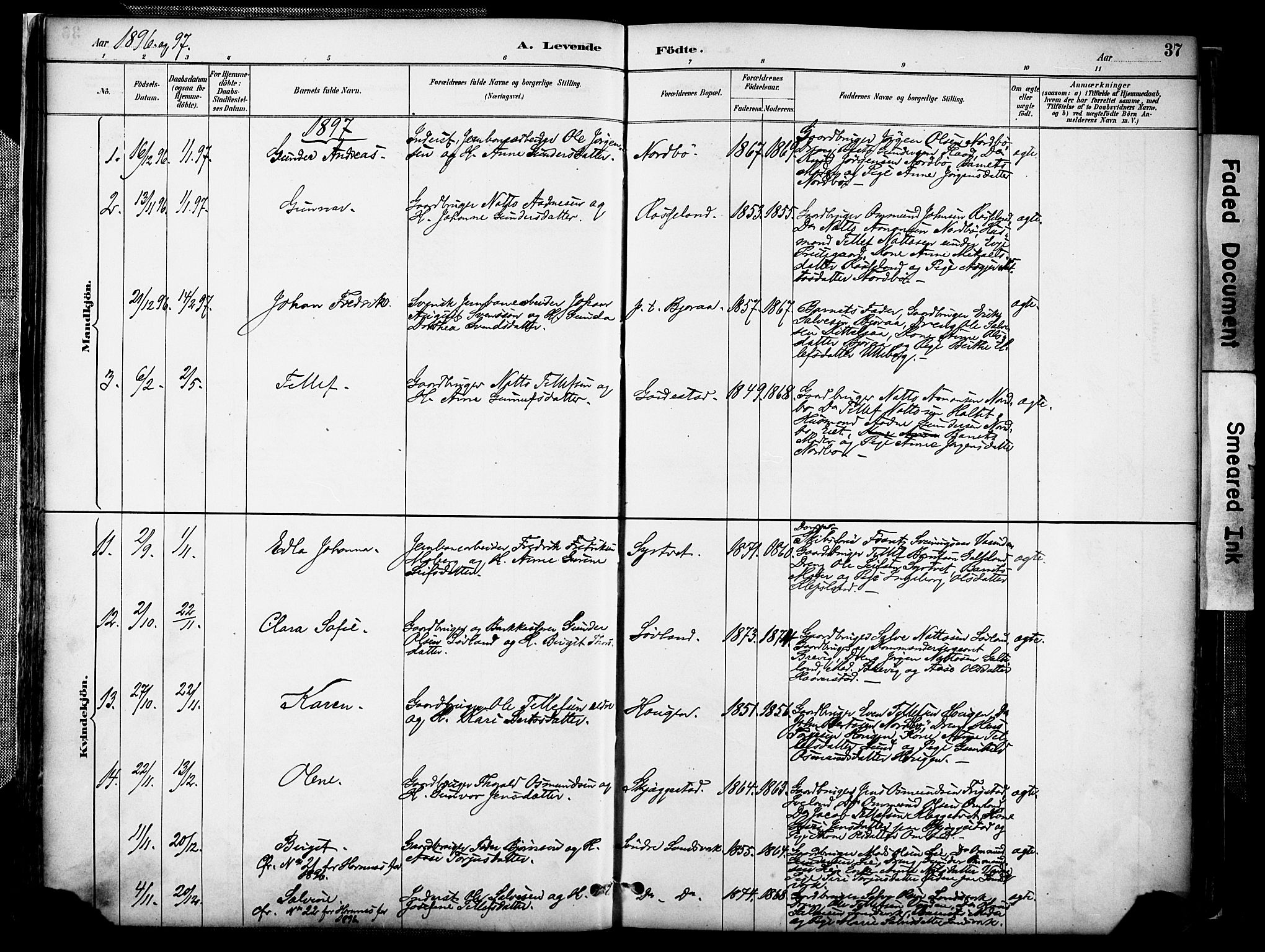 Evje sokneprestkontor, AV/SAK-1111-0008/F/Fa/Faa/L0007: Parish register (official) no. A 7, 1884-1909, p. 37