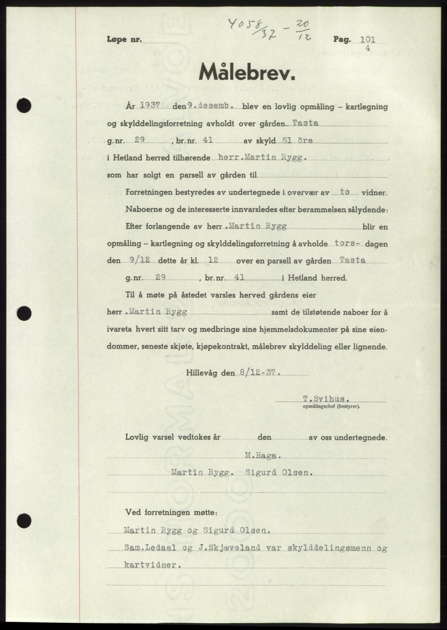 Jæren sorenskriveri, SAST/A-100310/03/G/Gba/L0069: Mortgage book, 1937-1937, Diary no: : 4058/1937