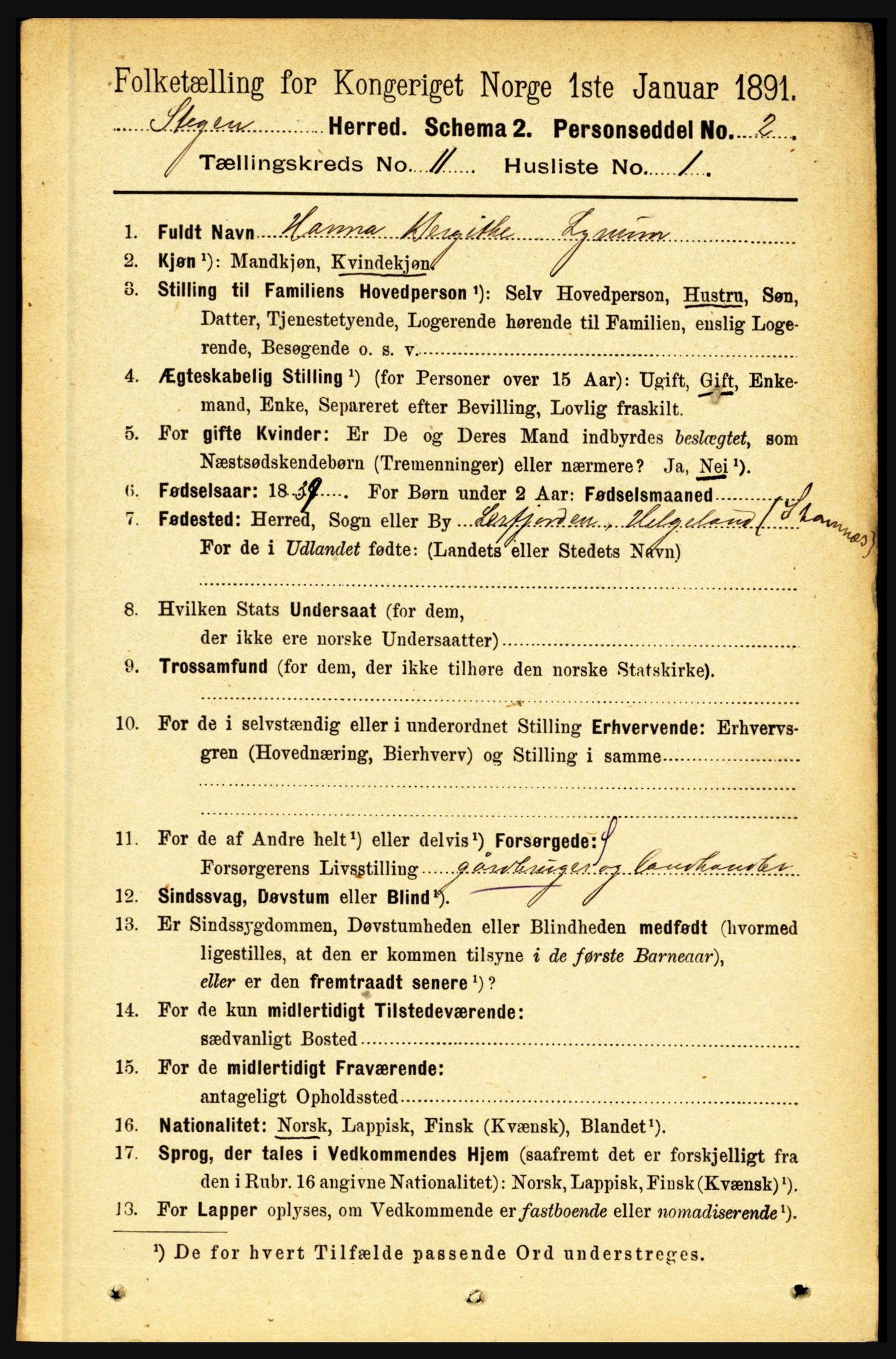 RA, 1891 census for 1848 Steigen, 1891, p. 3784