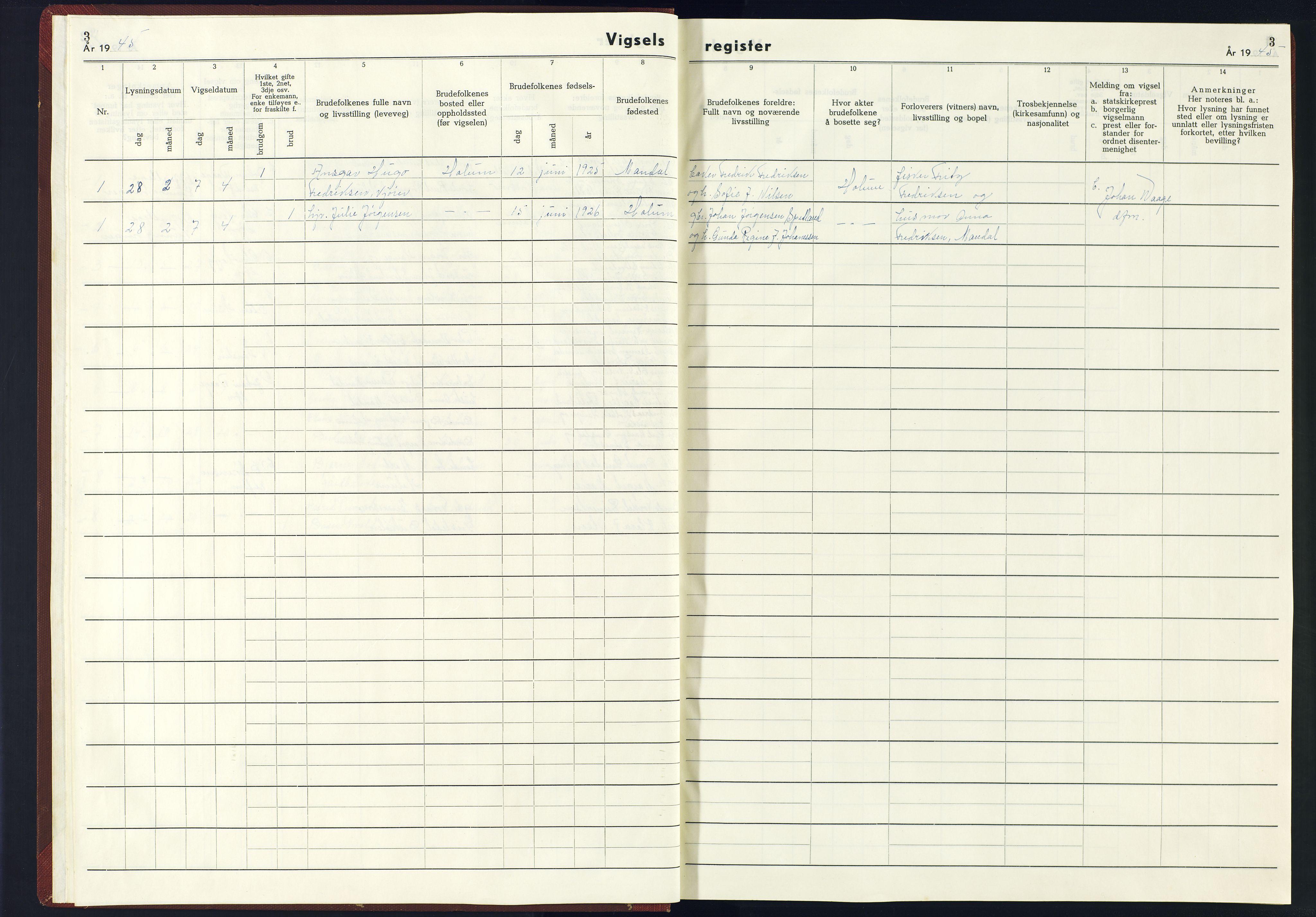 Holum sokneprestkontor, AV/SAK-1111-0022/J/Jb/L0004: Marriage register no. II.6.4, 1943-1945, p. 3