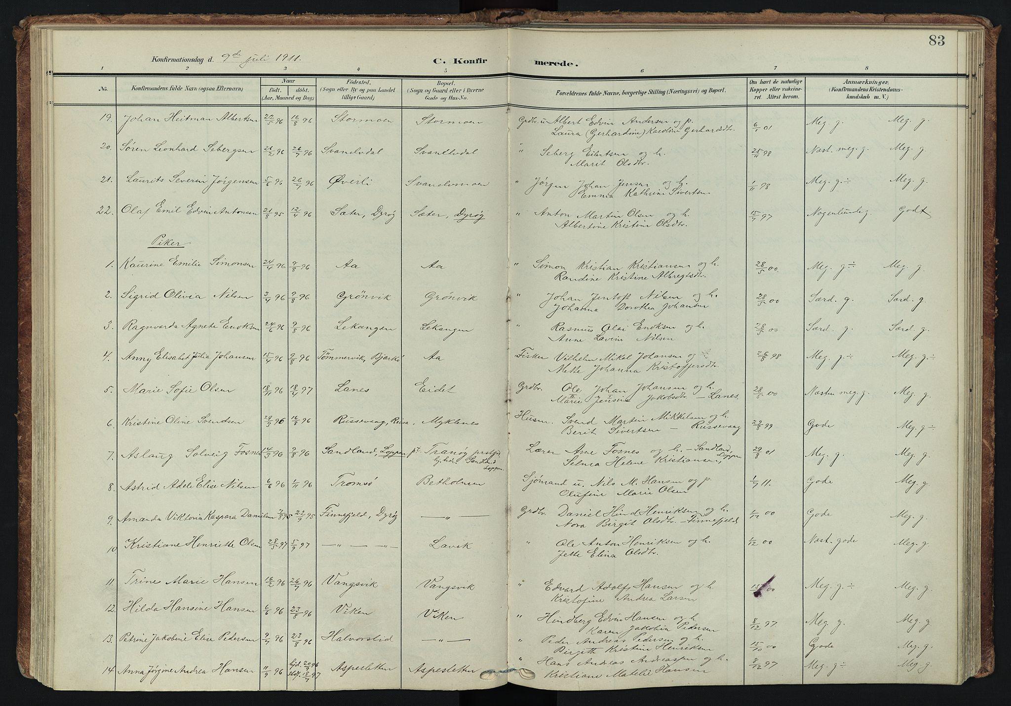Tranøy sokneprestkontor, SATØ/S-1313/I/Ia/Iaa/L0014kirke: Parish register (official) no. 14, 1905-1919, p. 83
