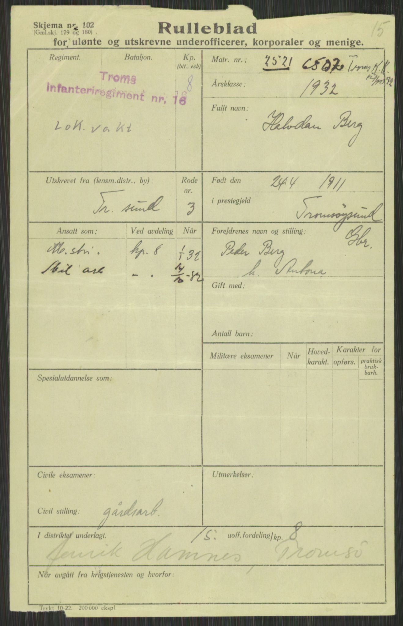 Forsvaret, Troms infanteriregiment nr. 16, AV/RA-RAFA-3146/P/Pa/L0016: Rulleblad for regimentets menige mannskaper, årsklasse 1932, 1932, p. 97