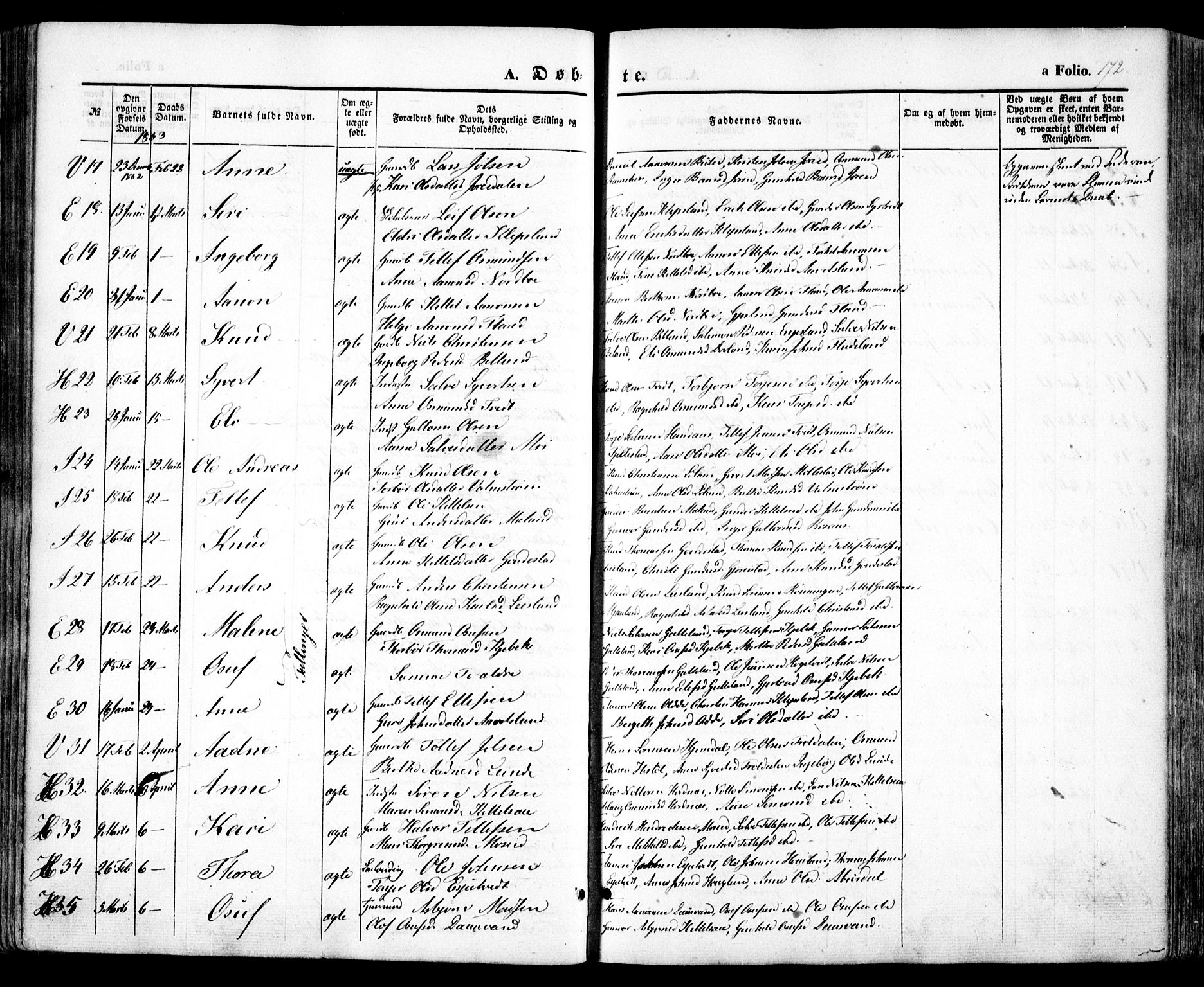 Evje sokneprestkontor, AV/SAK-1111-0008/F/Fa/Faa/L0005: Parish register (official) no. A 5, 1843-1865, p. 172