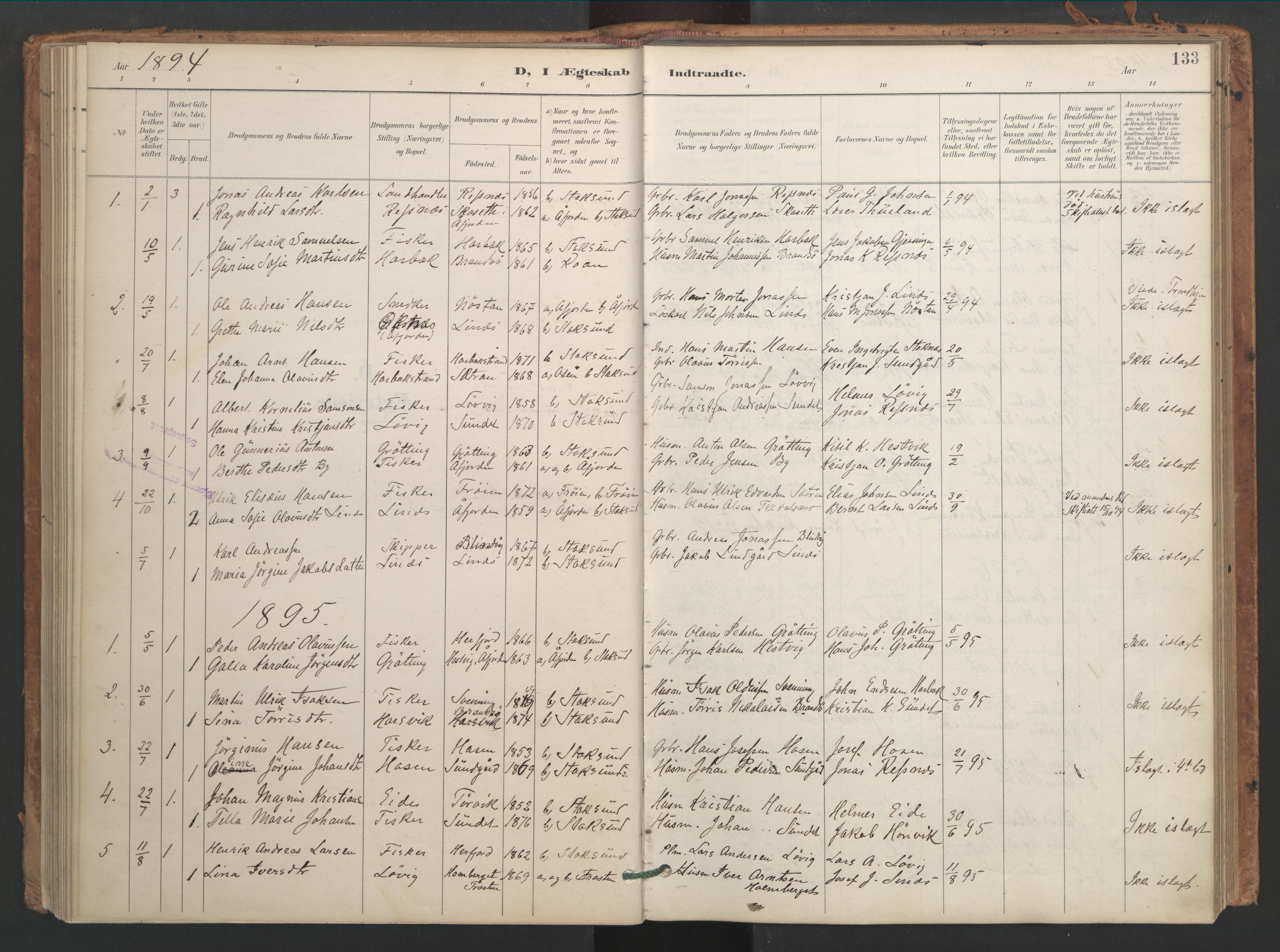 Ministerialprotokoller, klokkerbøker og fødselsregistre - Sør-Trøndelag, SAT/A-1456/656/L0693: Parish register (official) no. 656A02, 1894-1913, p. 133