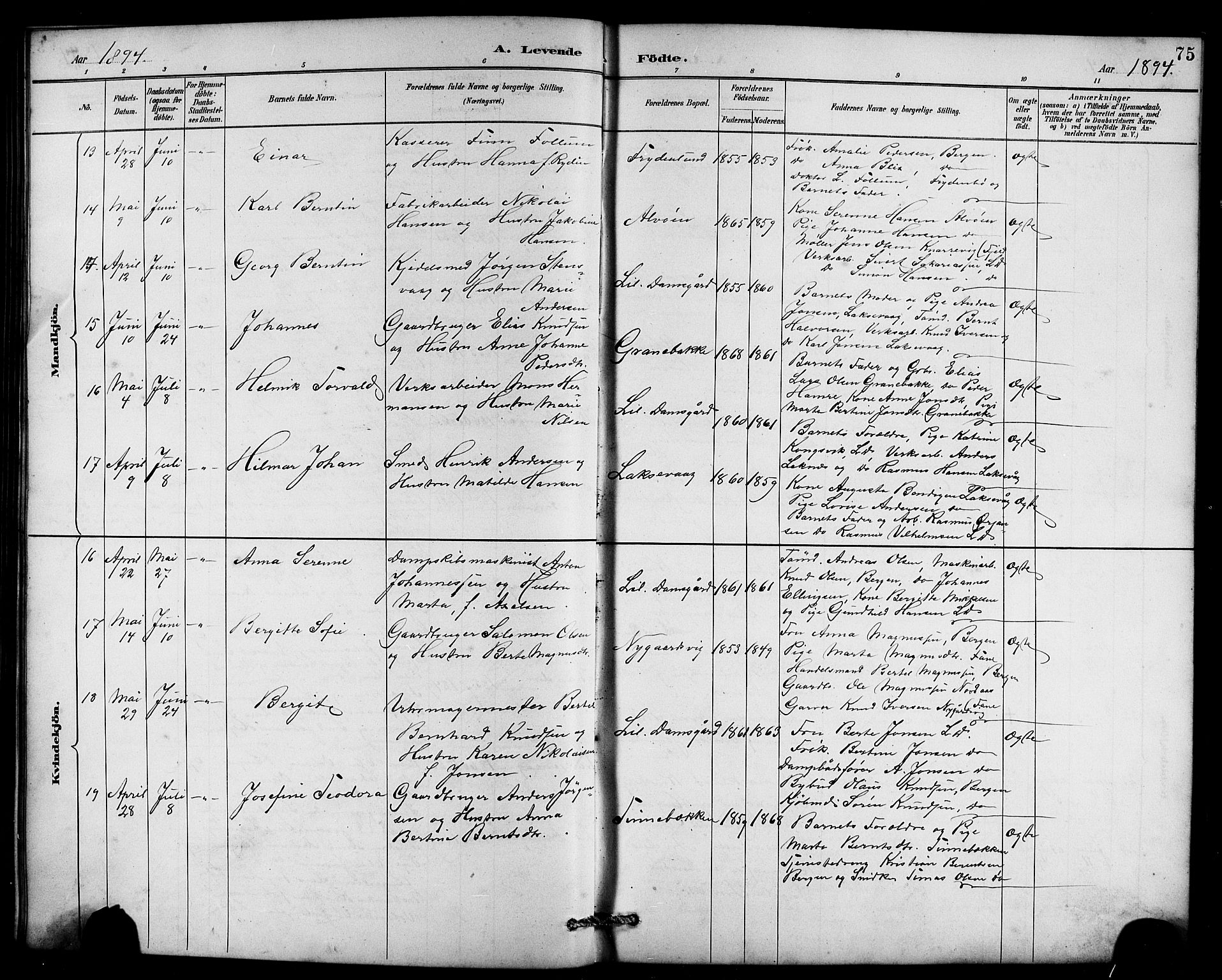 Laksevåg Sokneprestembete, AV/SAB-A-76501/H/Ha/Hab/Haba/L0003: Parish register (copy) no. A 3, 1887-1899, p. 75