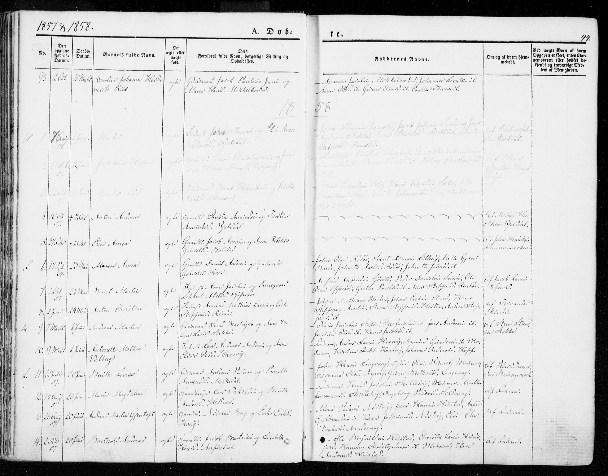 Ministerialprotokoller, klokkerbøker og fødselsregistre - Nordland, AV/SAT-A-1459/872/L1033: Parish register (official) no. 872A08, 1840-1863, p. 94