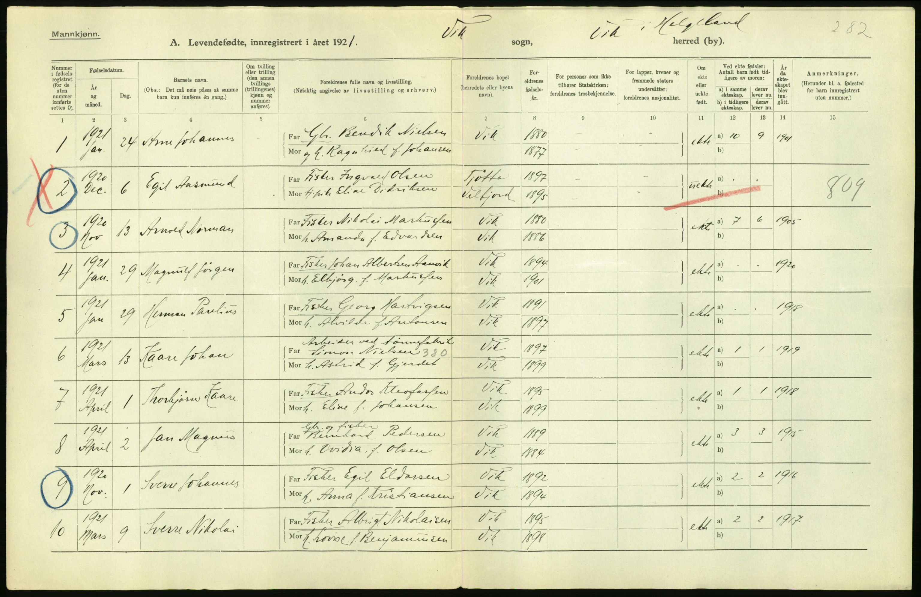 Statistisk sentralbyrå, Sosiodemografiske emner, Befolkning, AV/RA-S-2228/D/Df/Dfc/Dfca/L0049: Nordland fylke: Levendefødte menn og kvinner. Bygder., 1921, p. 468