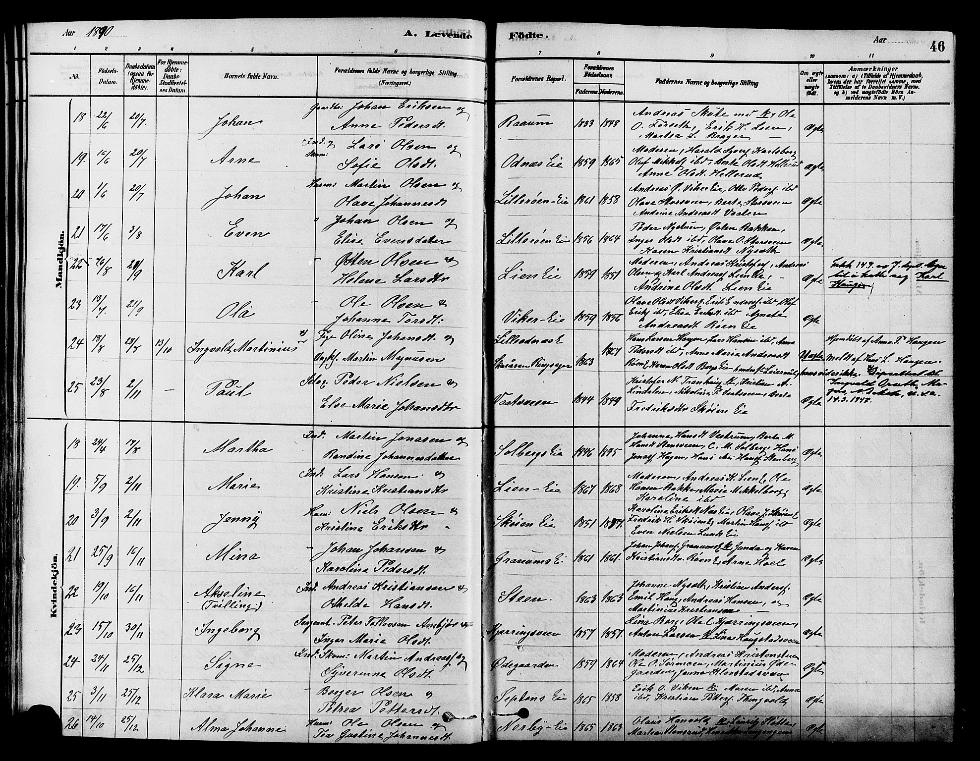 Søndre Land prestekontor, AV/SAH-PREST-122/K/L0002: Parish register (official) no. 2, 1878-1894, p. 46